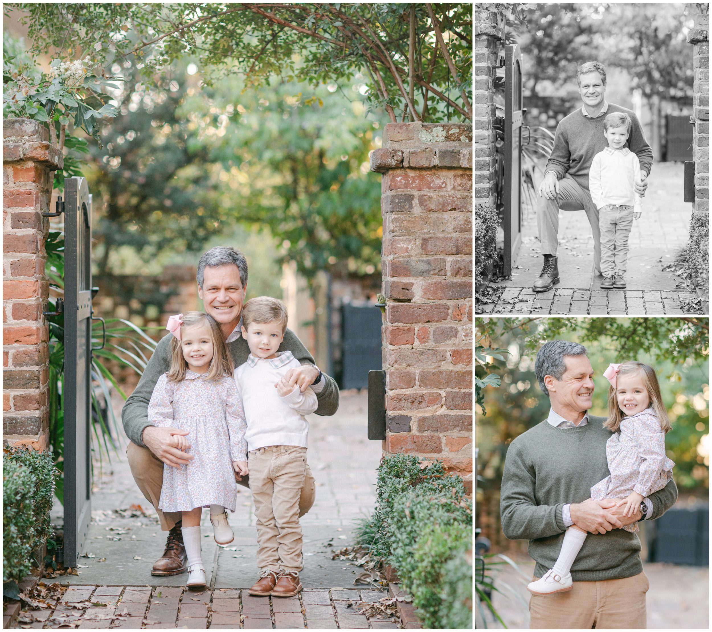 Father poses with his son and daughter among brick garden gates and greenery during a November family portrait session.