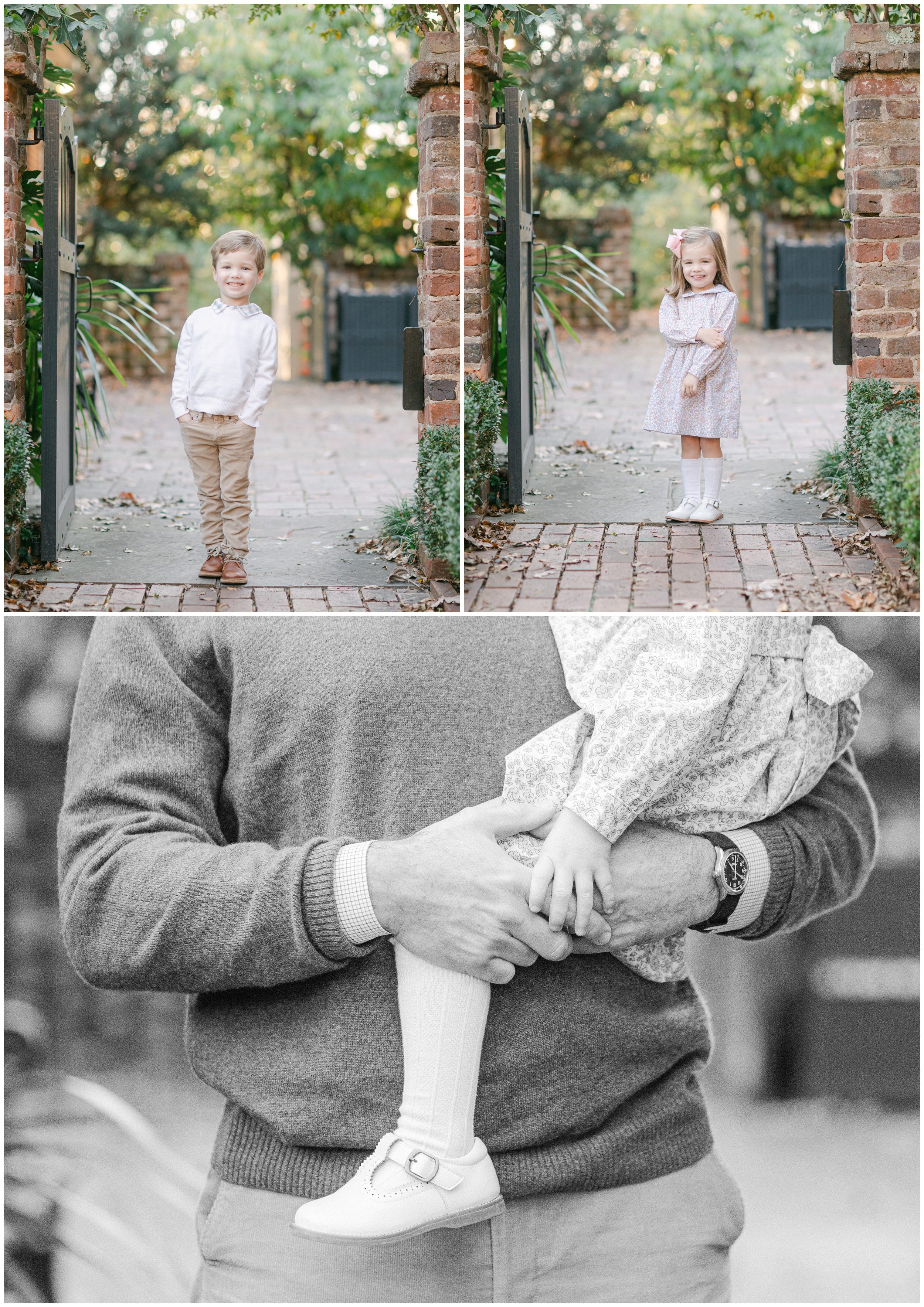 Individual portraits of young siblings in coordinating fall outfits along a brick pathway at Founders Garden.