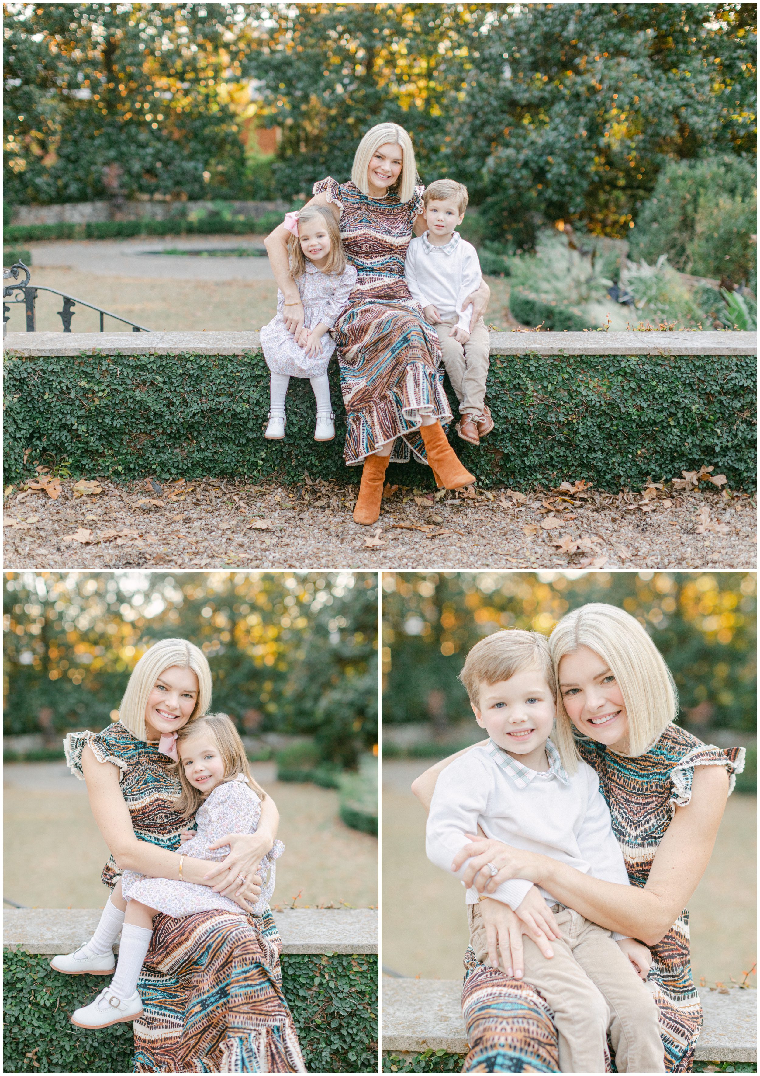 Mother hugs her young son and daughter in beautiful November light during fall family portraits in Athens, GA.