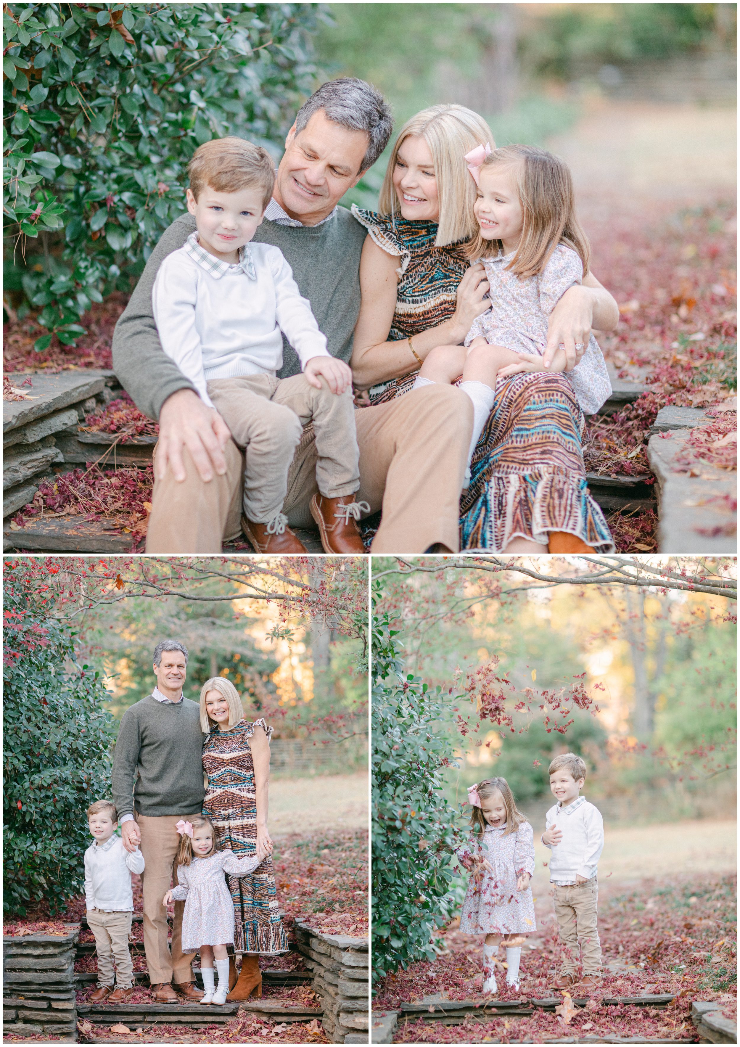 Family of four enjoys relaxed November portraits surrounded by colorful autumn foliage at Founders Garden in Athens, GA.