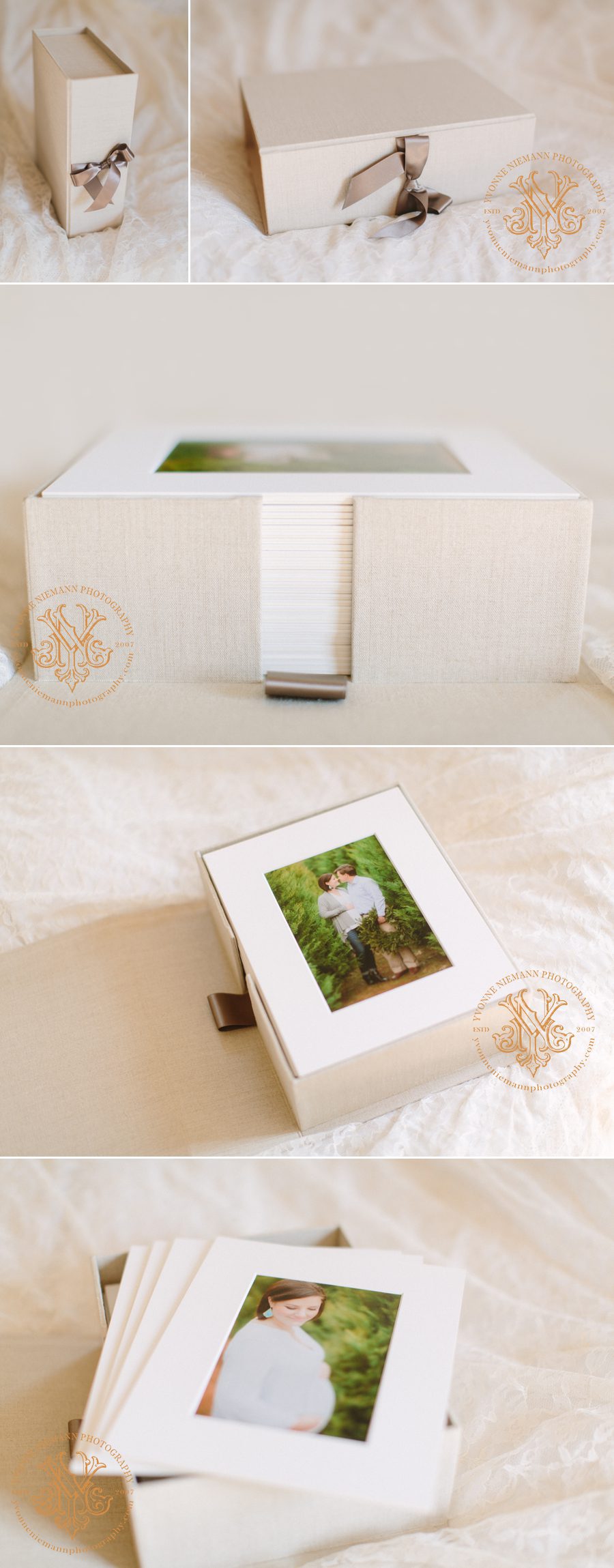 Fine art image box containing 30 matted maternity portraits offered by Athens, GA pregnancy photographer, Yvonne Niemann.