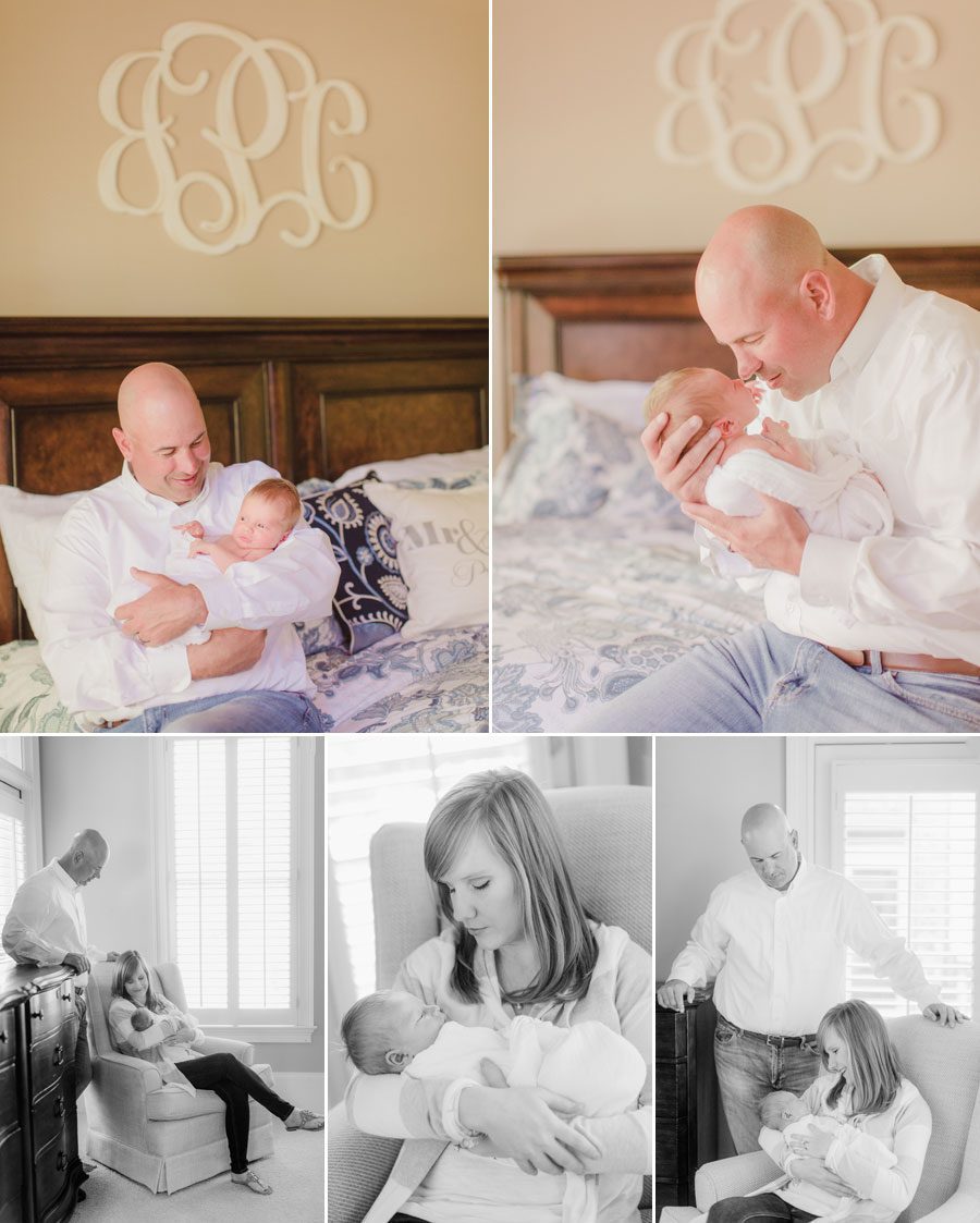 Lifestyle newborn baby pictures taken at family home in Watkinsville, GA.