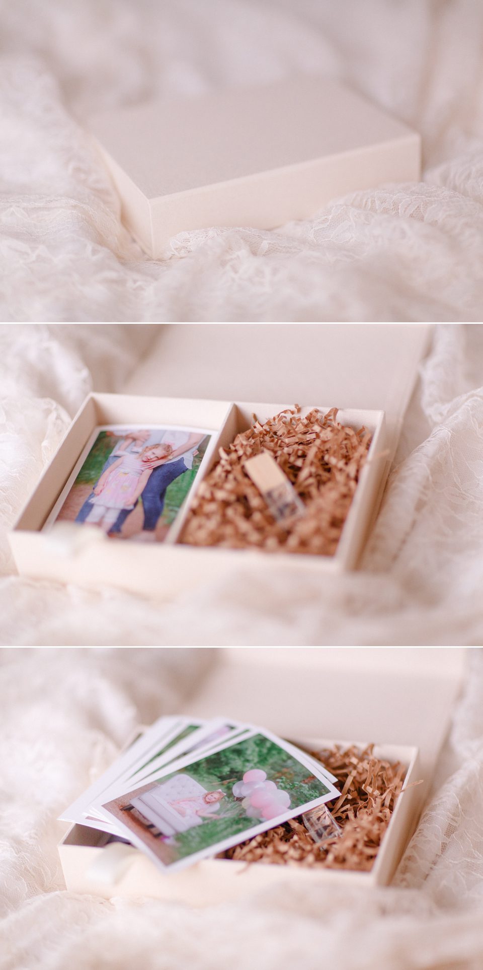 Product shots of loose prints in an heirloom box offered by Athens, GA family photographer.