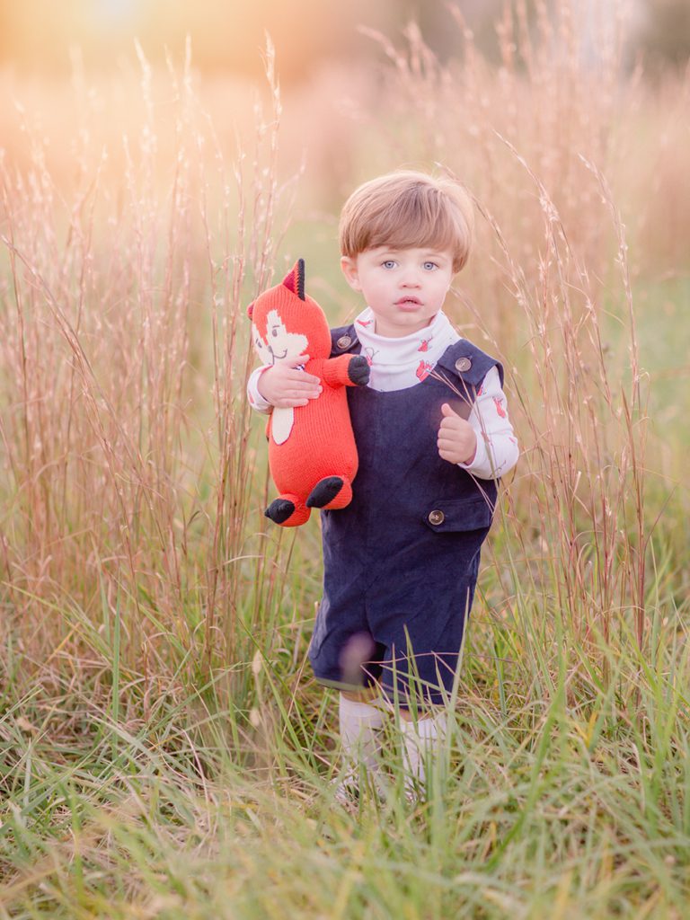 Athens, GA child photo of a two year old boy in a field with his stuffed fox.