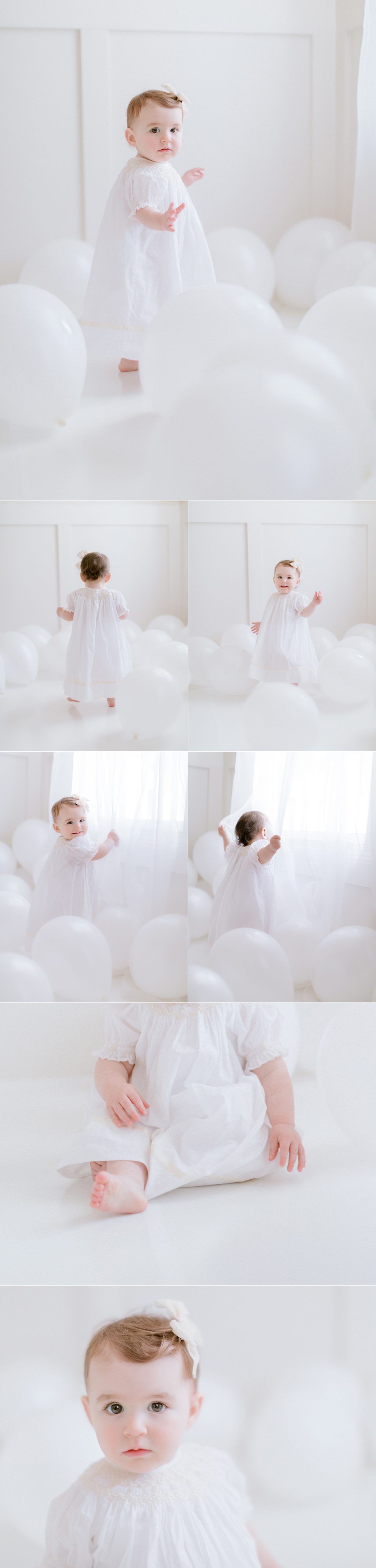 Baby's first birthday milestone photoshoot in Oconee County, GA with white balloons