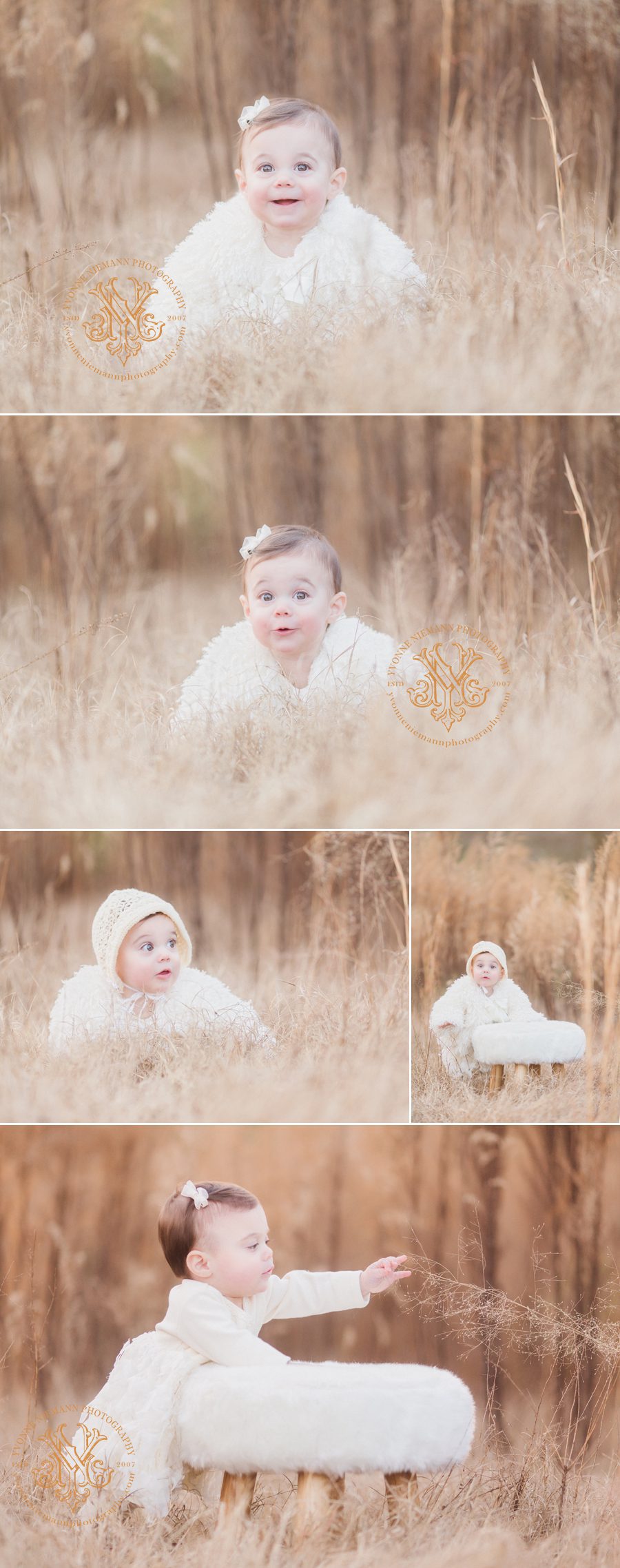 Nine month old baby girl in white fur, bonnet and dress in winter field near Athens, GA.