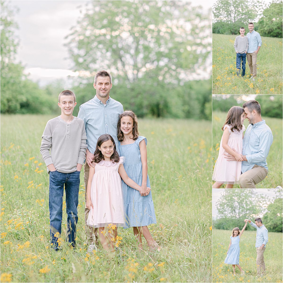 Photos of a dad with his children in a Spring wildflower field near Athens, GA.