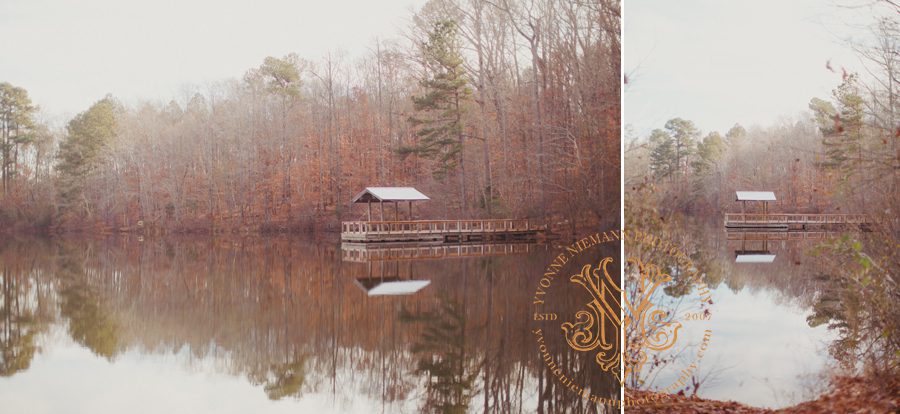 Wooden covered dock at Lake Herrick in Athens, GA taken by Yvonne Niemann Photography.