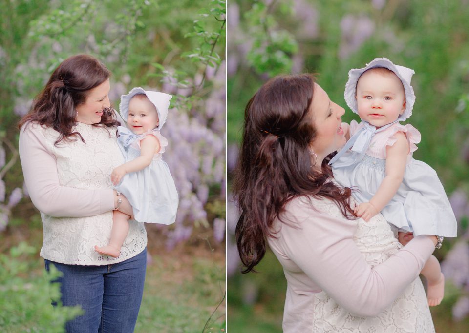 Spring mother daughter photography with wisteria as backdrop near Athens, GA.