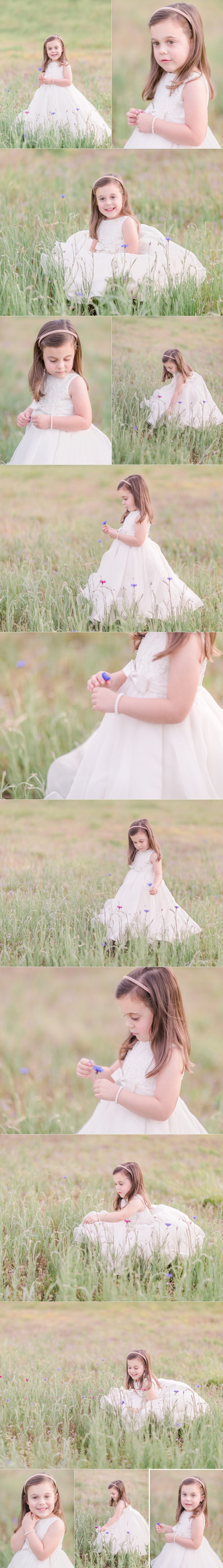 Summer child photography of a four year old girl in a field of flowers in Watkinsville, GA.