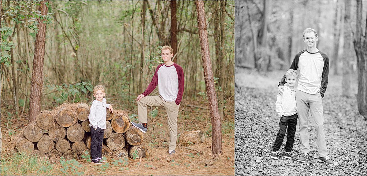 Brothers outdoor family photography in the Fall in woods of Oconee County, GA
