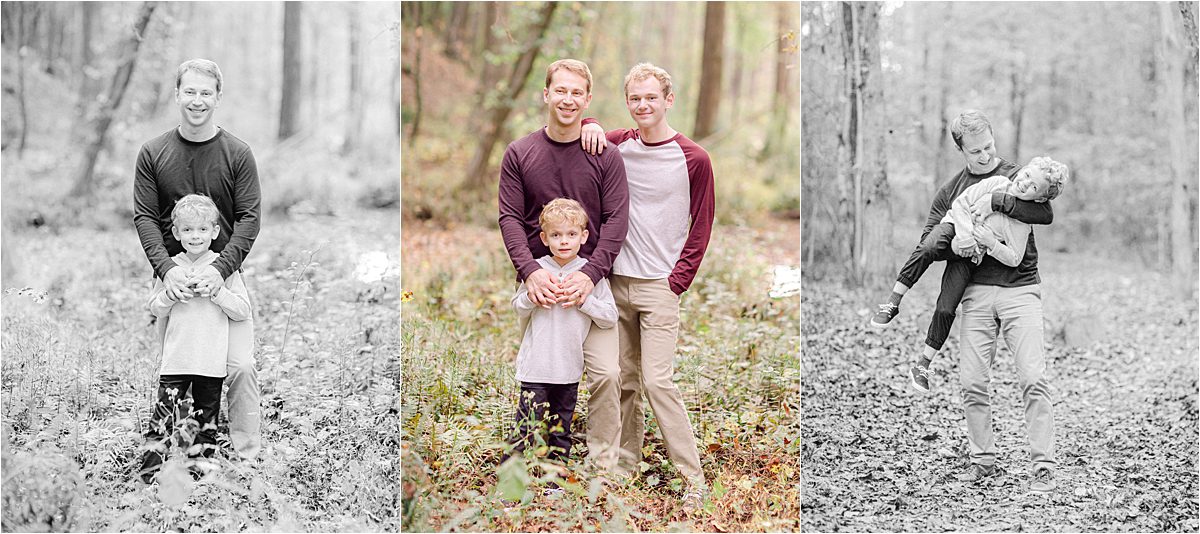 Fatherhood portraits of dad with sons in woods of Oconee County GA
