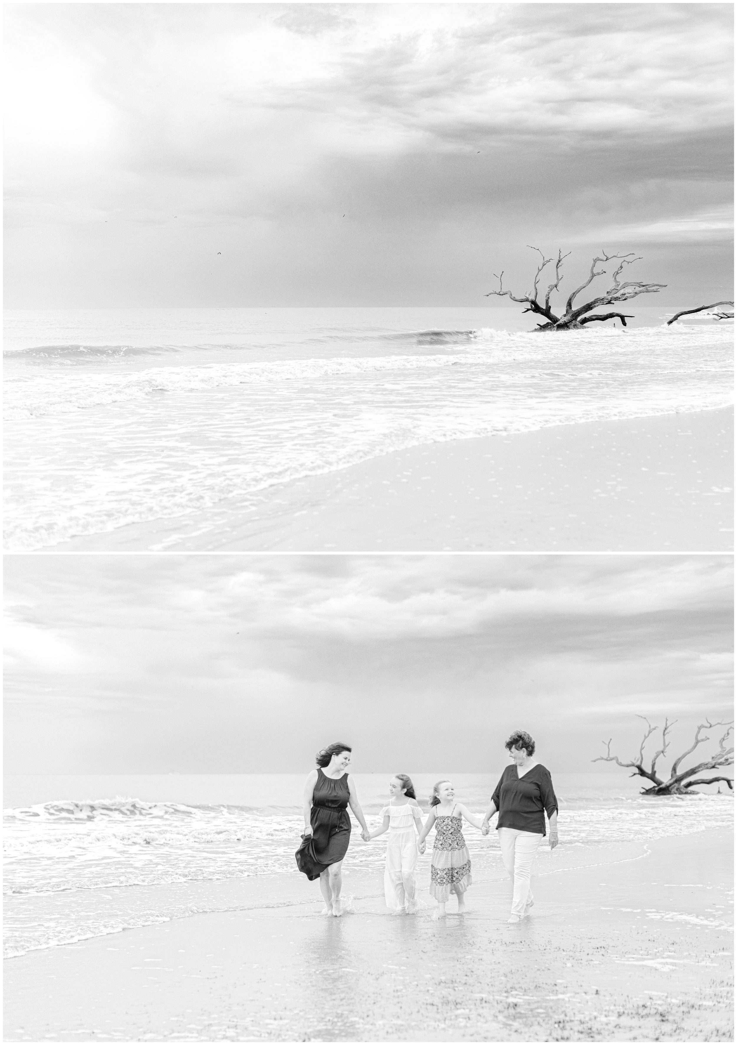 B&W Driftwood Beach Family Photos