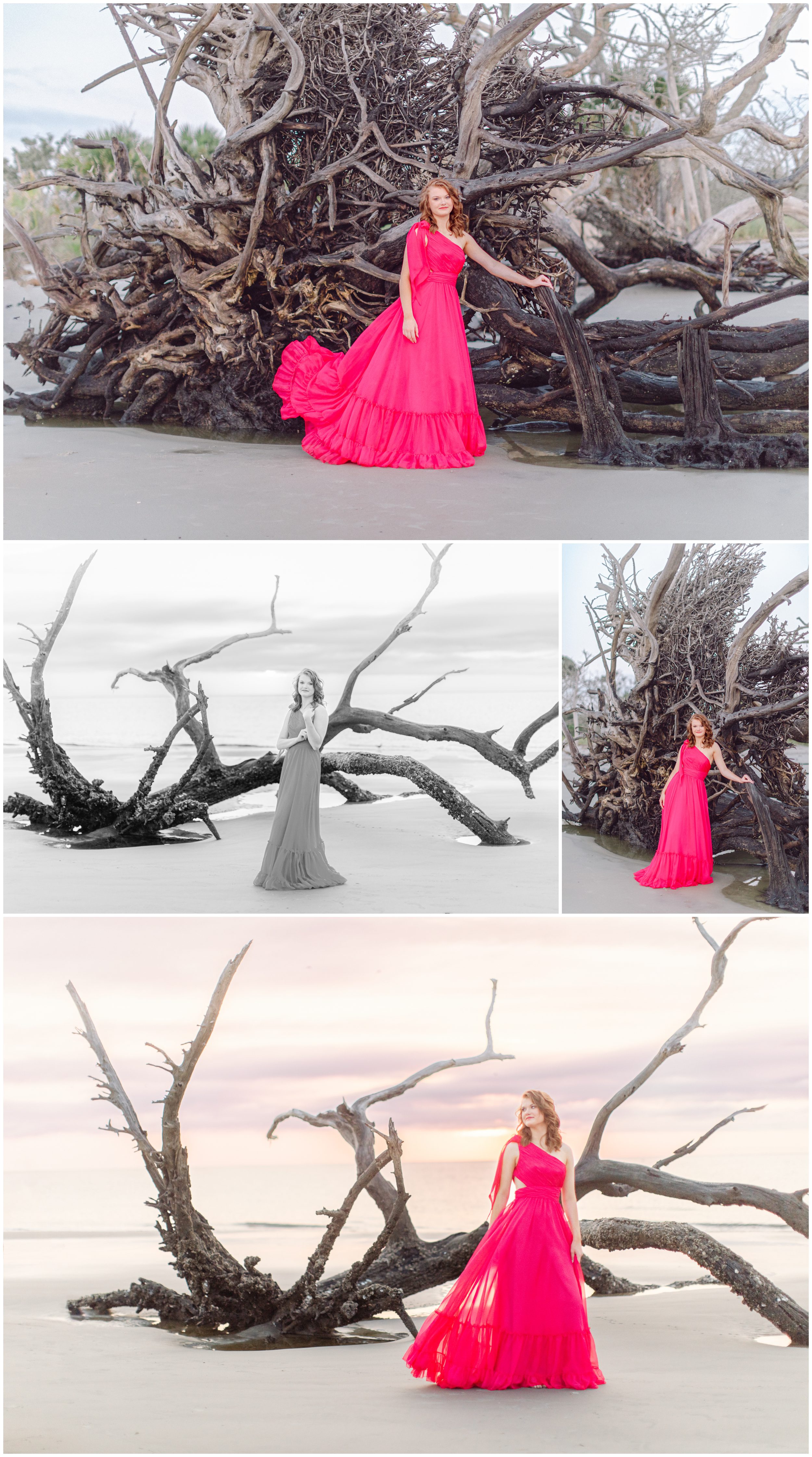 Senior portrait on Driftwood Beach at sunrise in Jekyll Island, Georgia