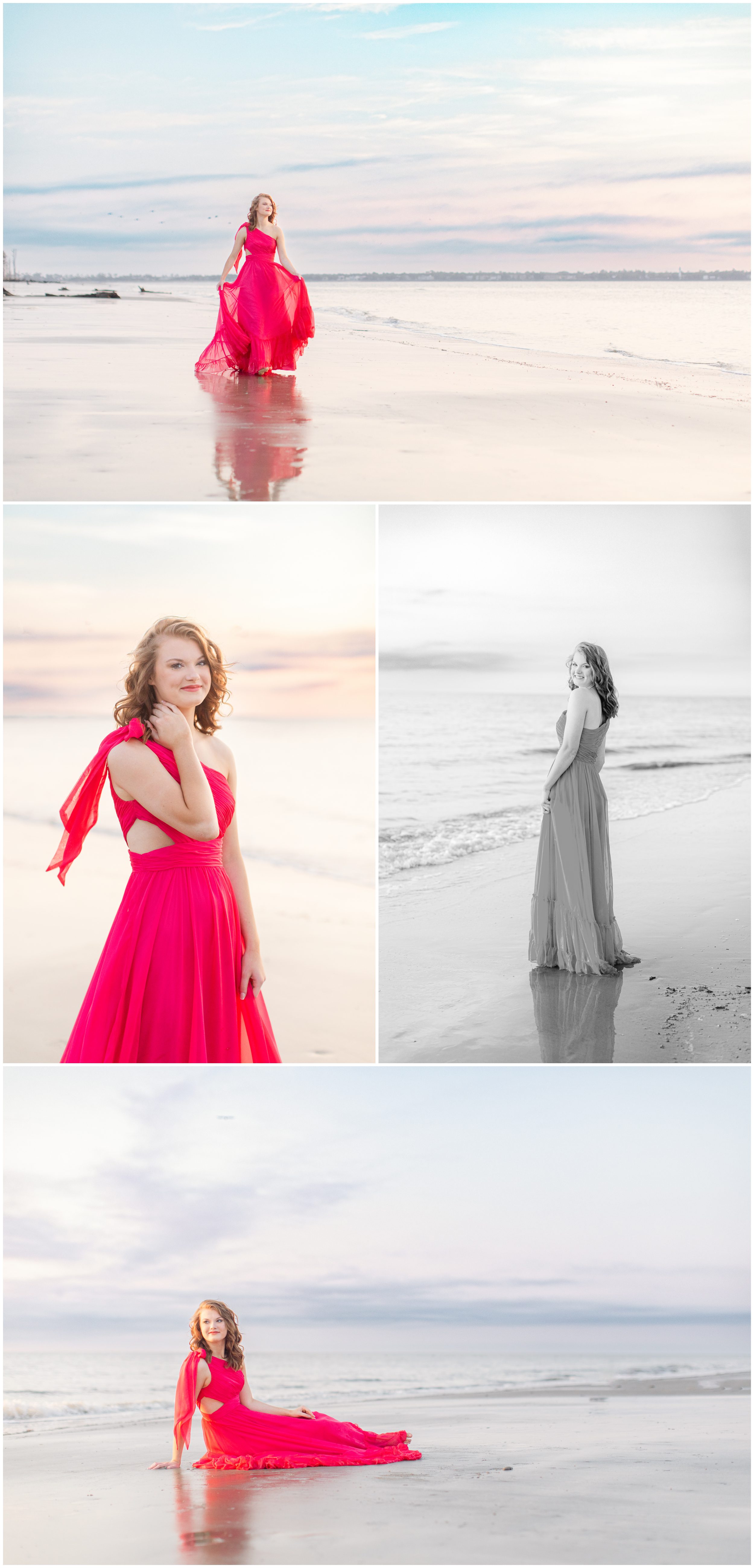 Sunrise senior portraits on Driftwood Beach with ocean and pastel sky
