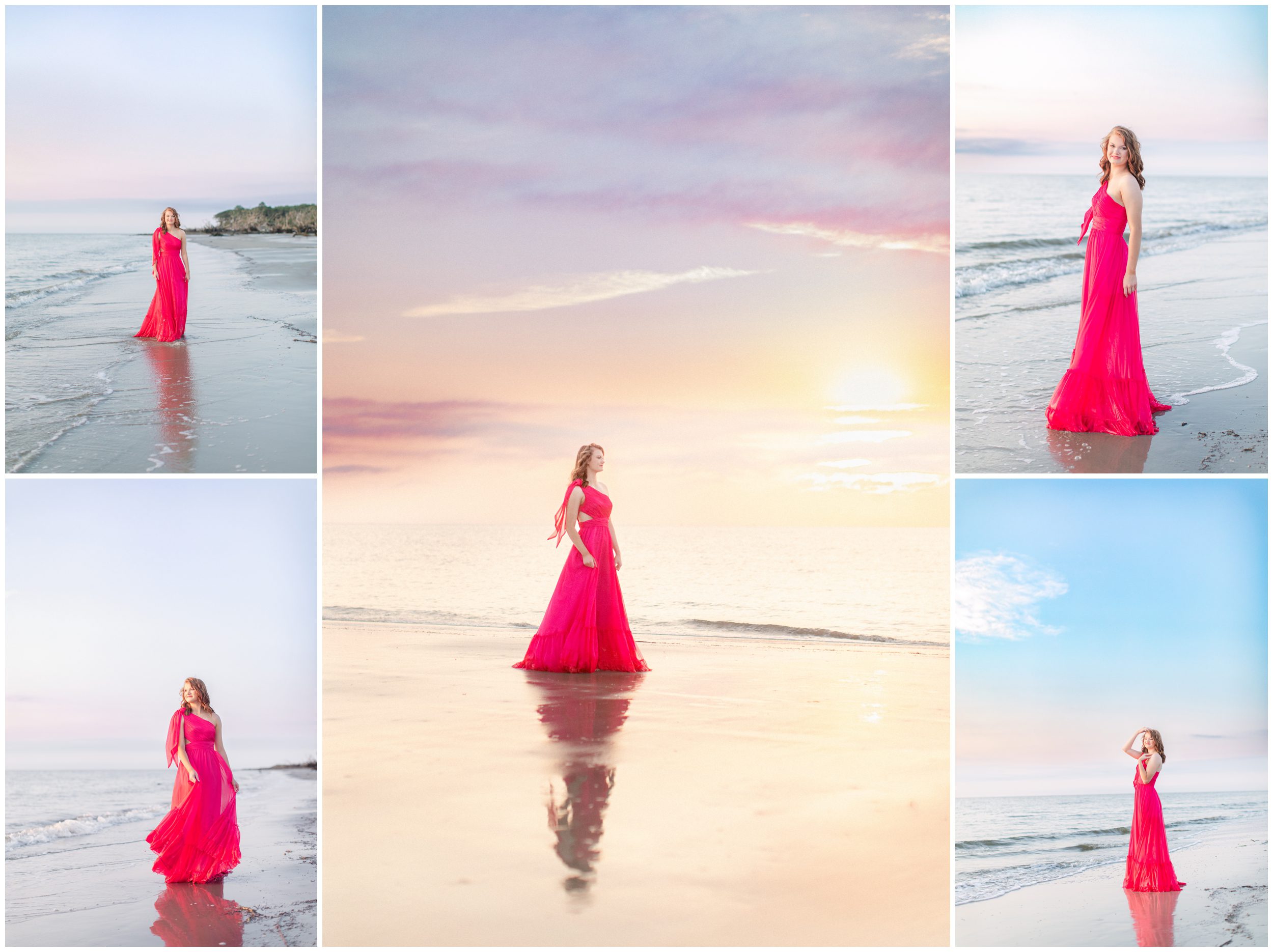 Coastal senior session on Jekyll Island with ocean reflection