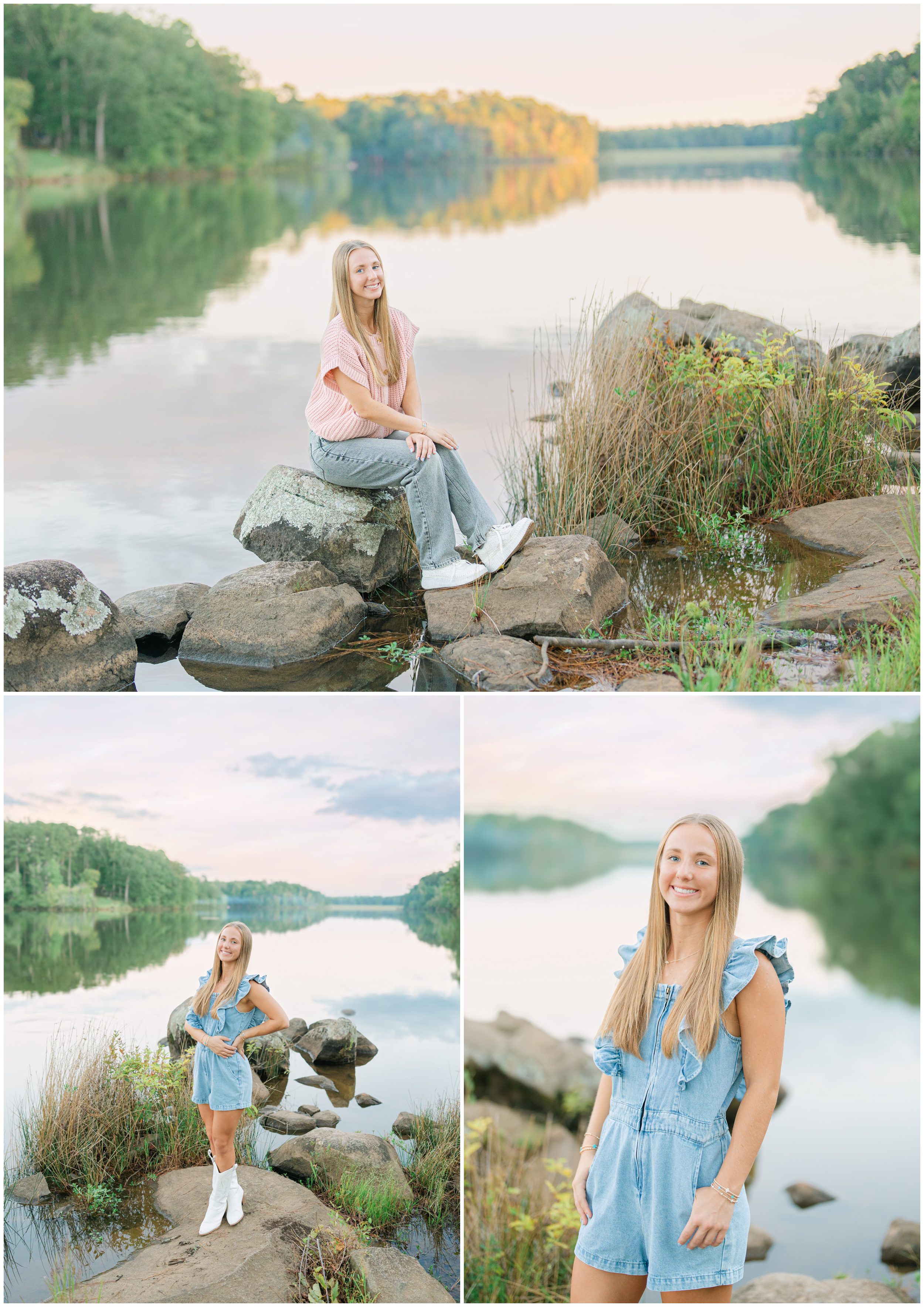 Senior girl in a casual pink top and jeans posing on rocks beside the lake at Fort Yargo State Park
