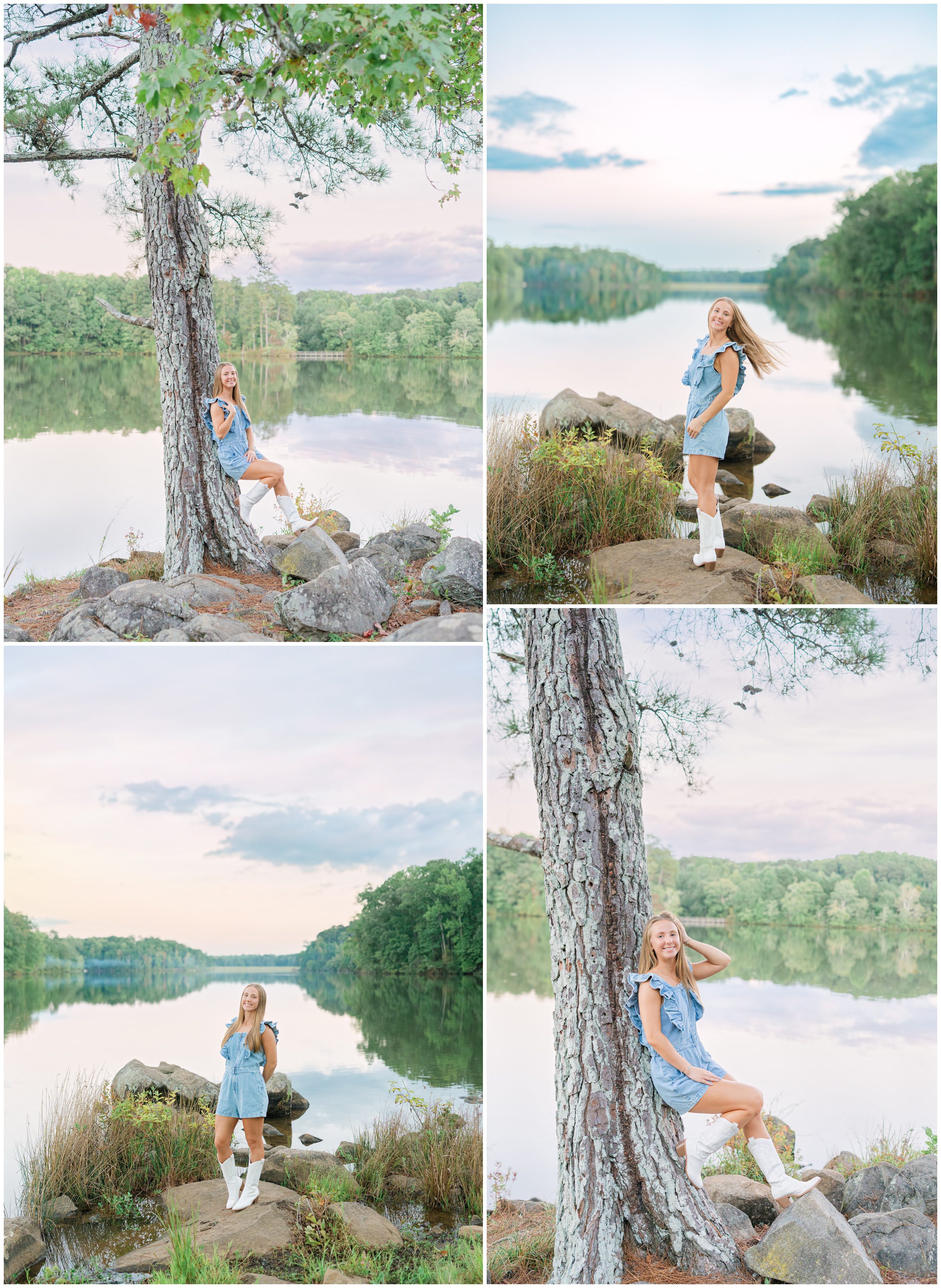 High school senior posing beside a lakeside tree during her Fort Yargo senior portrait session