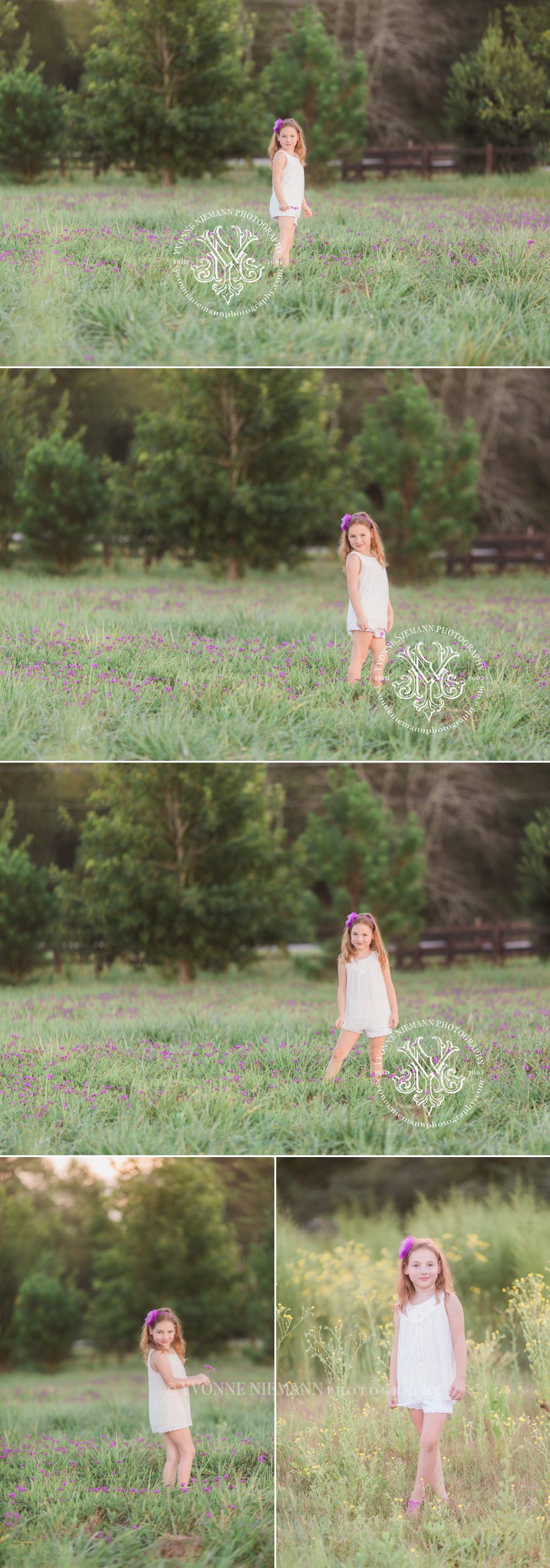 Authentic photos of a 2nd grader in a field of purple flowers in Oconee County, GA taken by Yvonne Niemann Photography.