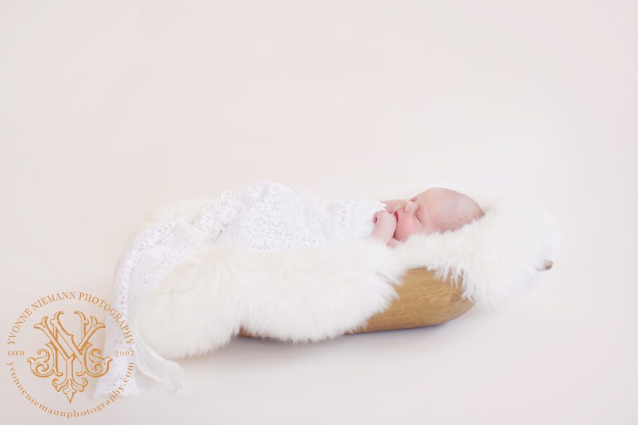 Photo of newborn sleeping in trencher and fur by Athens, GA newborn photographer, Yvonne Niemann Photography.