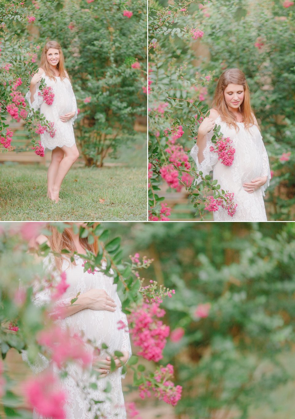 Athens, GA outdoor maternity photography surrounded by summer flowering trees.