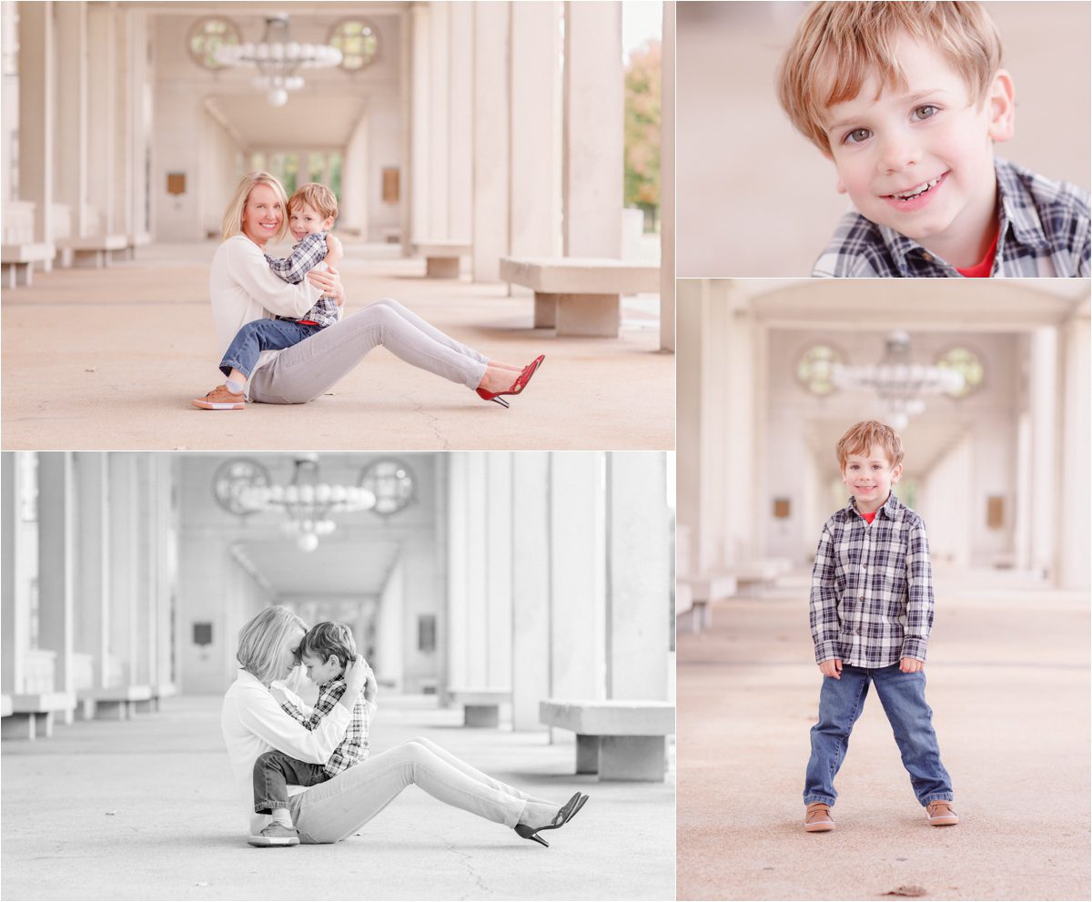 Mother and son fall family photographers portraits at the Muny.