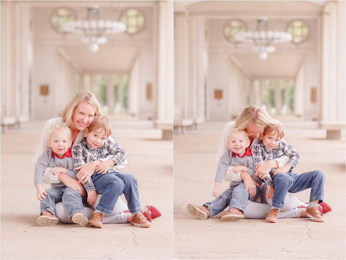motherhood family photographers portraits of mom with two sons at the Muny.