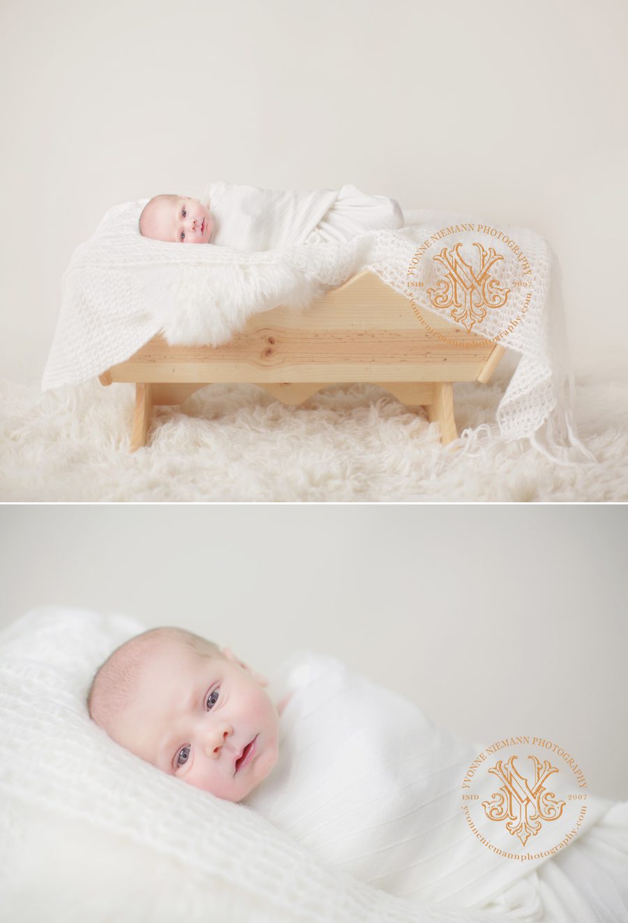 Infant boy in handmade baby cradle photo taken by Athens, GA newborn photographer, Yvonne Niemann Photography.
