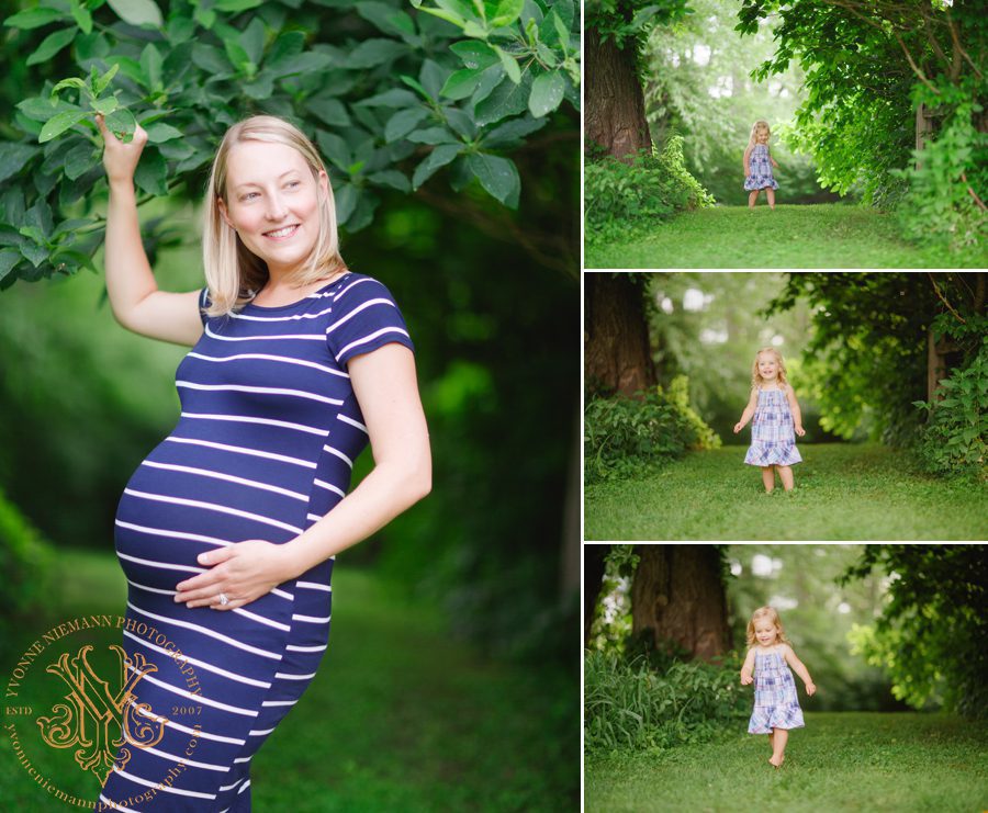 Photos of little girl running and maternity portrait of the mom in Bishop, GA.