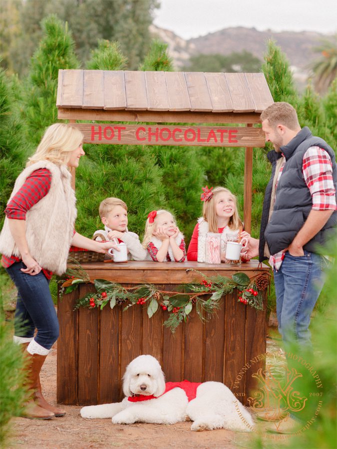 Christmas family portrait at a tree farm with hot chocolate stand in San Diego.