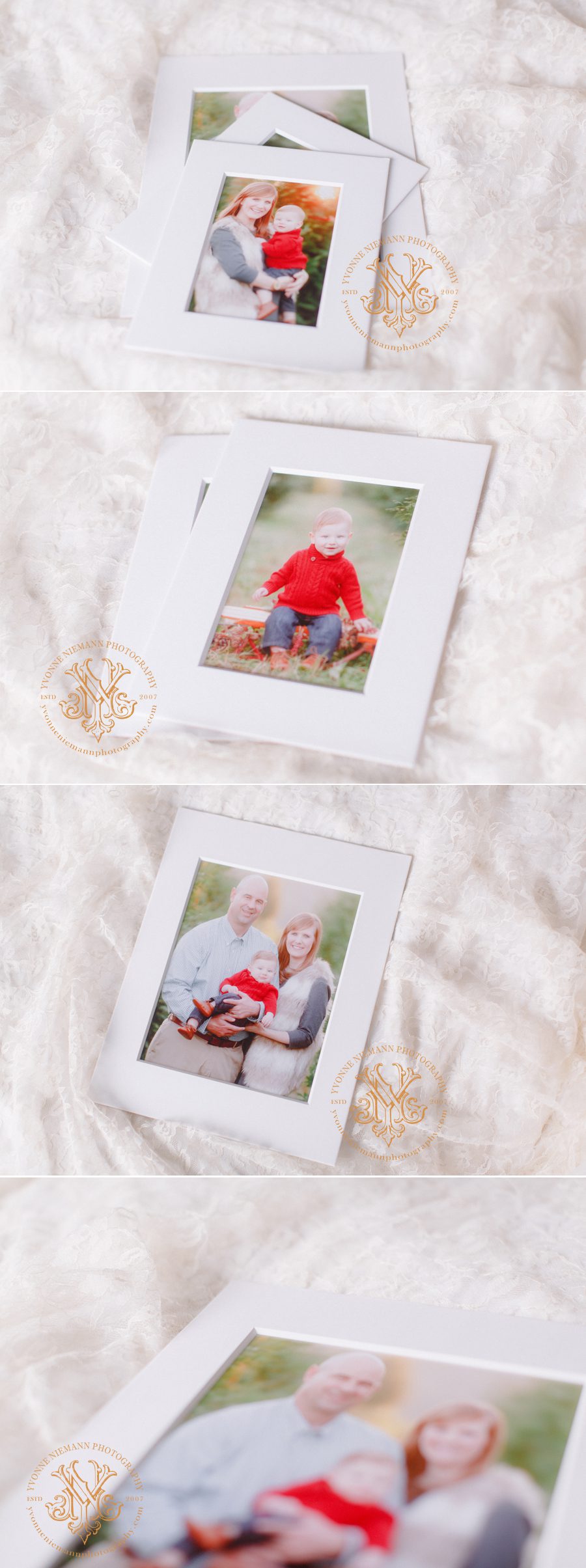 Product shots of a family's matted portrait prints of their baby's first Christmas in Athens, GA.