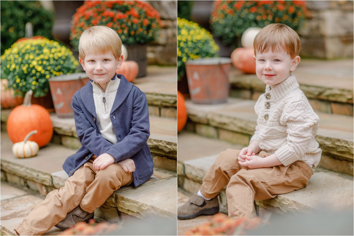 Fall sibling photoshoot of brothers on steps with mums and pumpkins