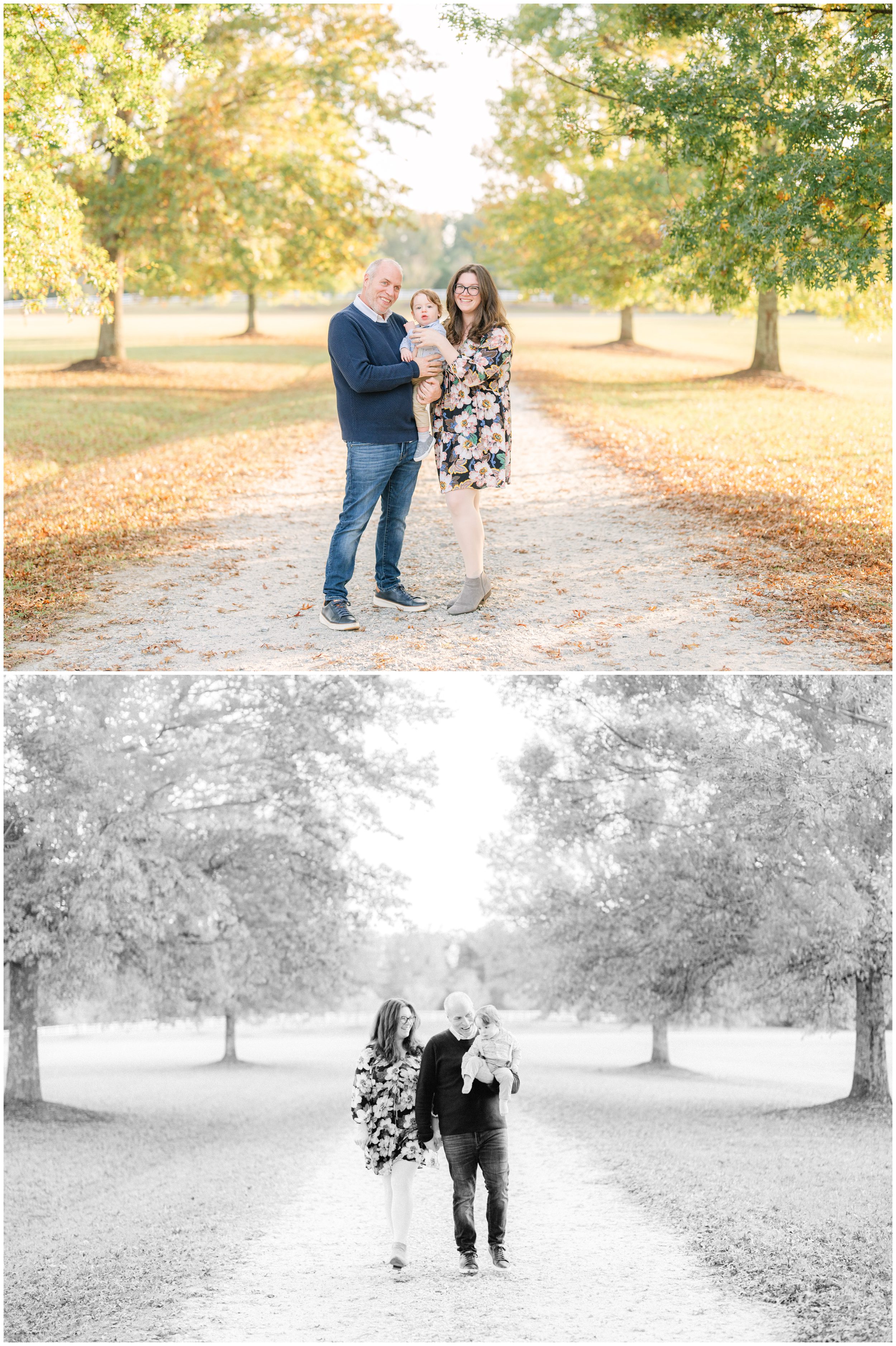 Family of three enjoying fall portraits beneath colorful trees at a Watkinsville area park