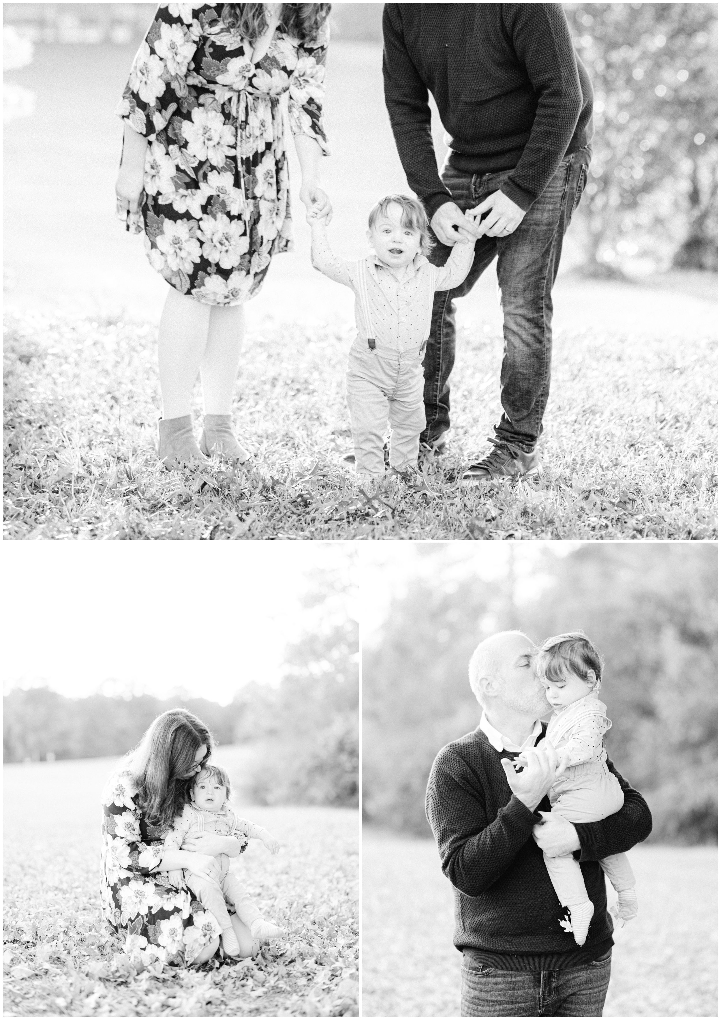 Black and white family portraits featuring a baby boy walking with his parents and sharing sweet snuggles