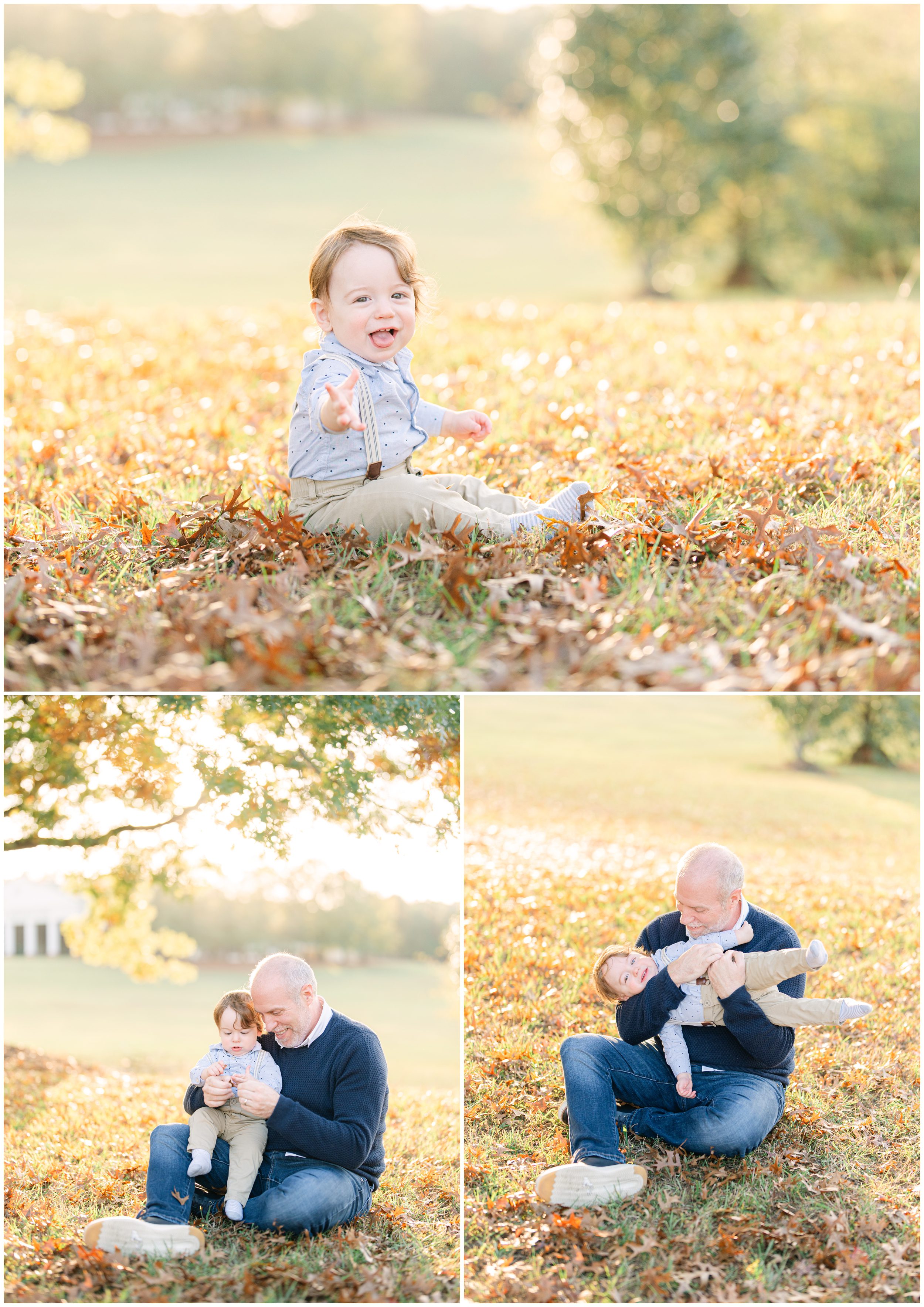 Smiling baby boy sitting among golden autumn leaves during a fall family photography session
