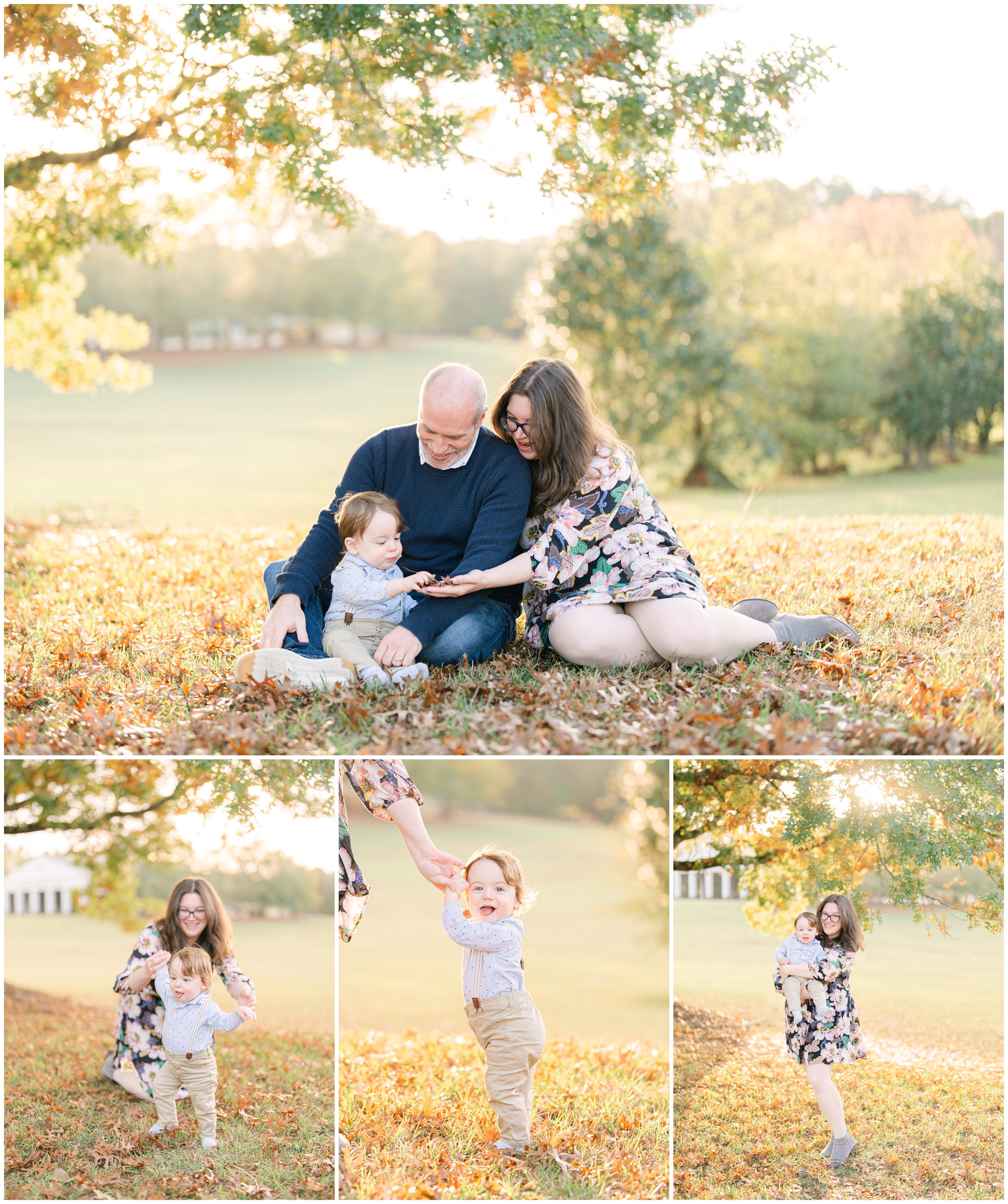 Parents playing with their baby boy in warm evening light surrounded by colorful November leaves