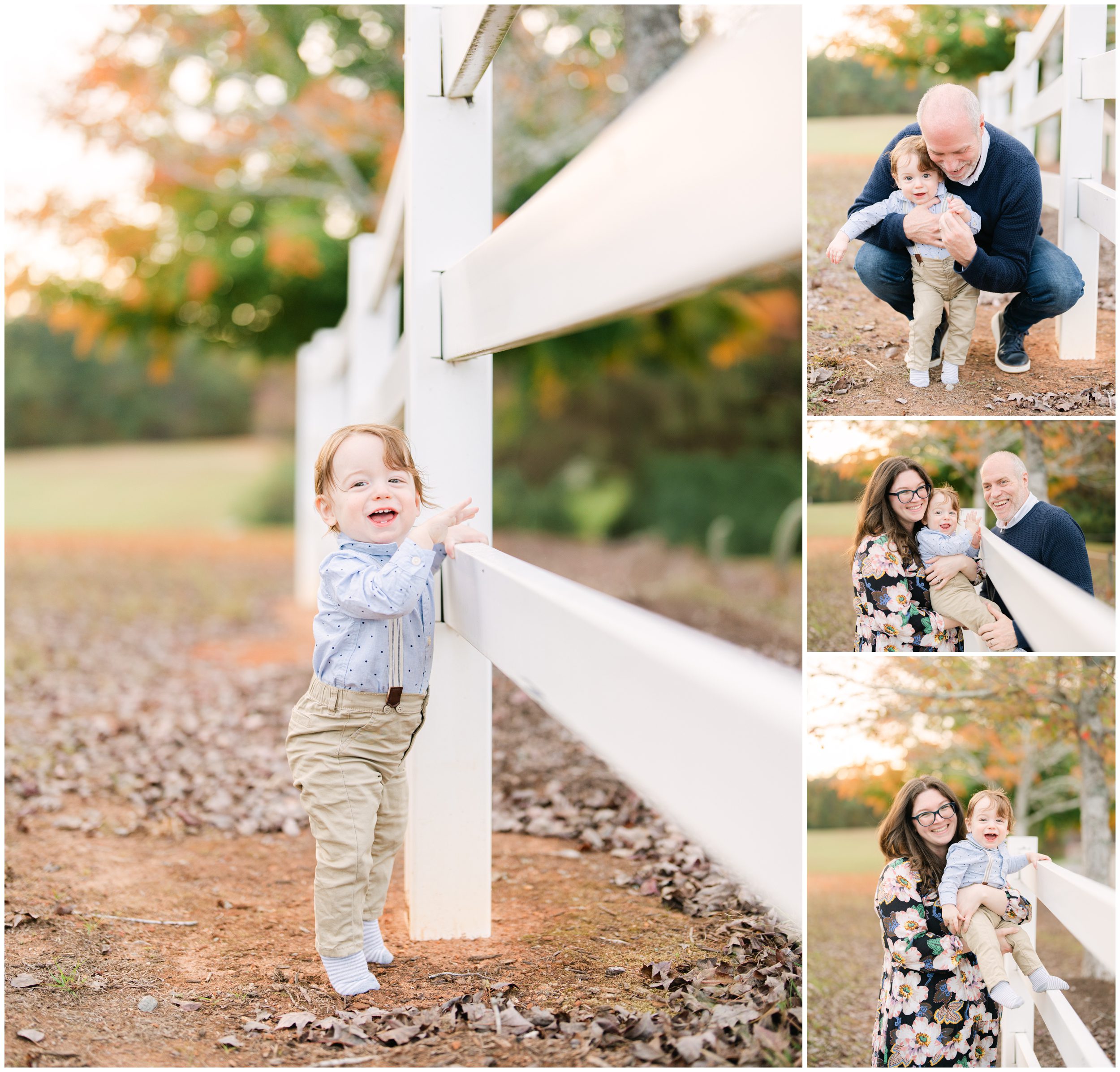 Happy toddler exploring a white wooden fence with his parents during a fall portrait session
