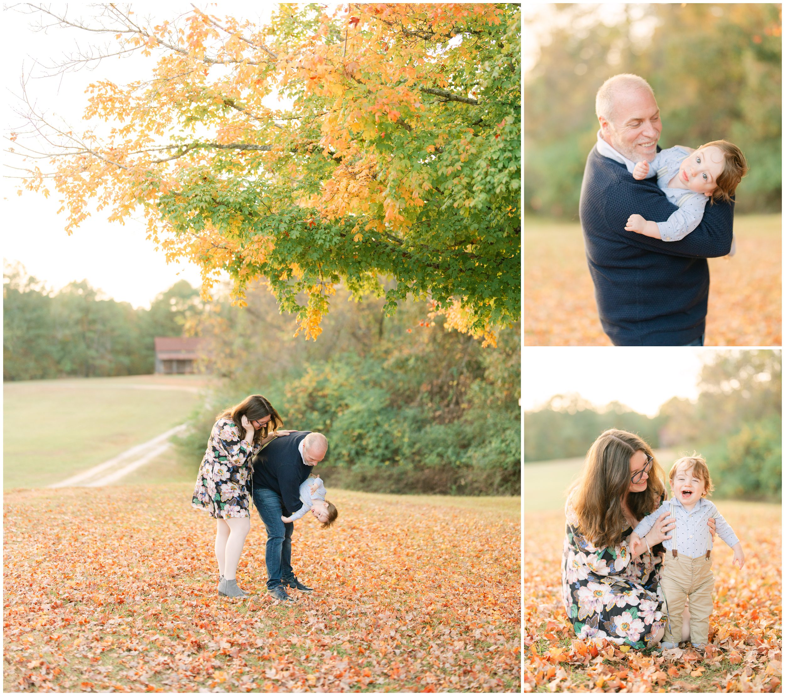 Playful family moments beneath colorful autumn trees during a Watkinsville family portrait session