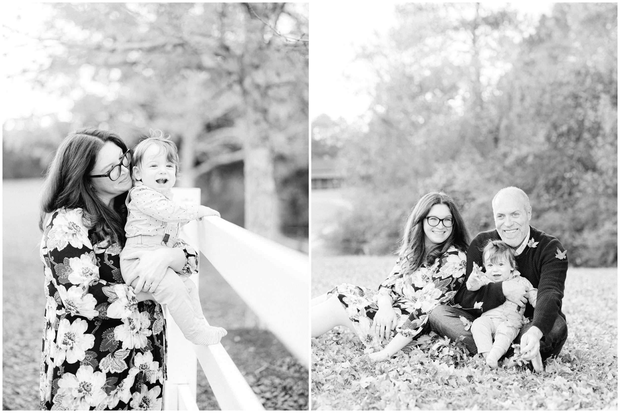 Black and white portraits of a mother, father and baby boy enjoying time together outdoors