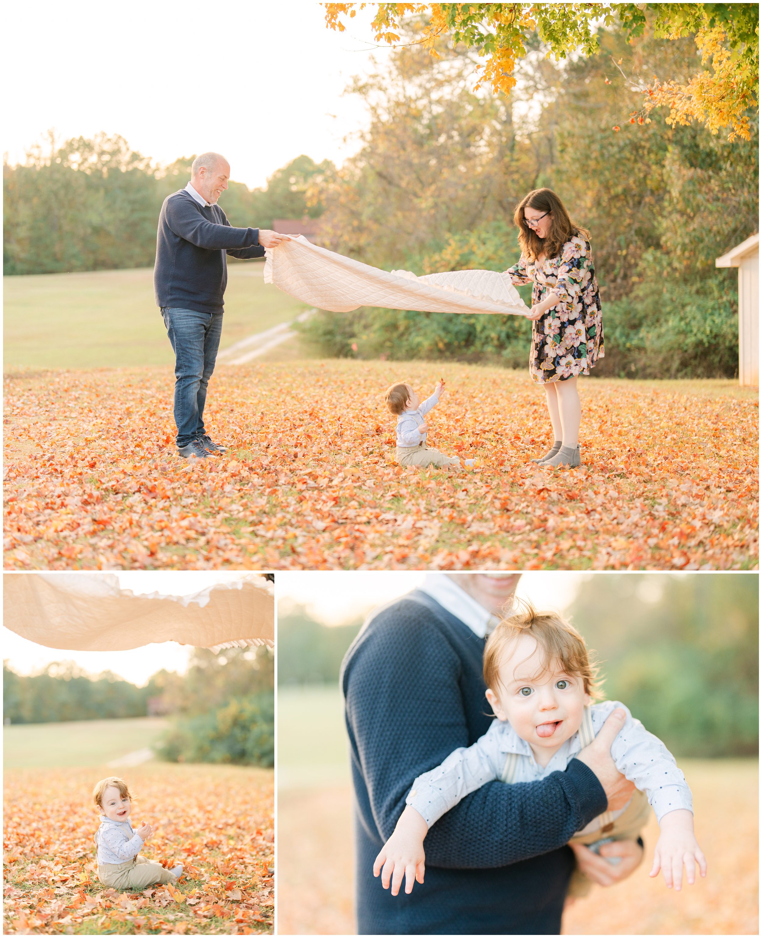 Parents playing with a blanket as their baby boy laughs among fallen leaves in a Georgia park