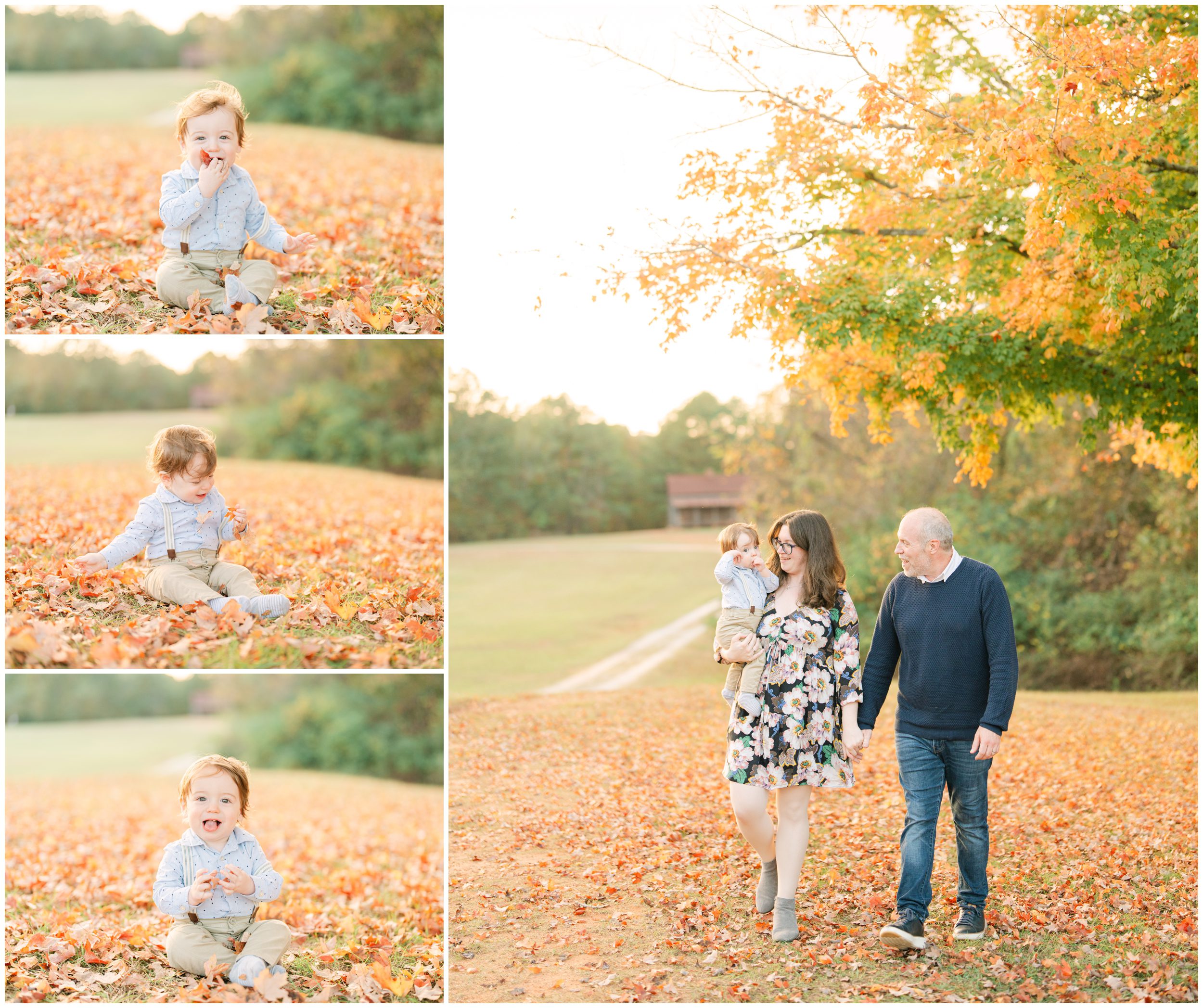 Baby boy playing in autumn leaves while his parents walk together beneath colorful fall trees