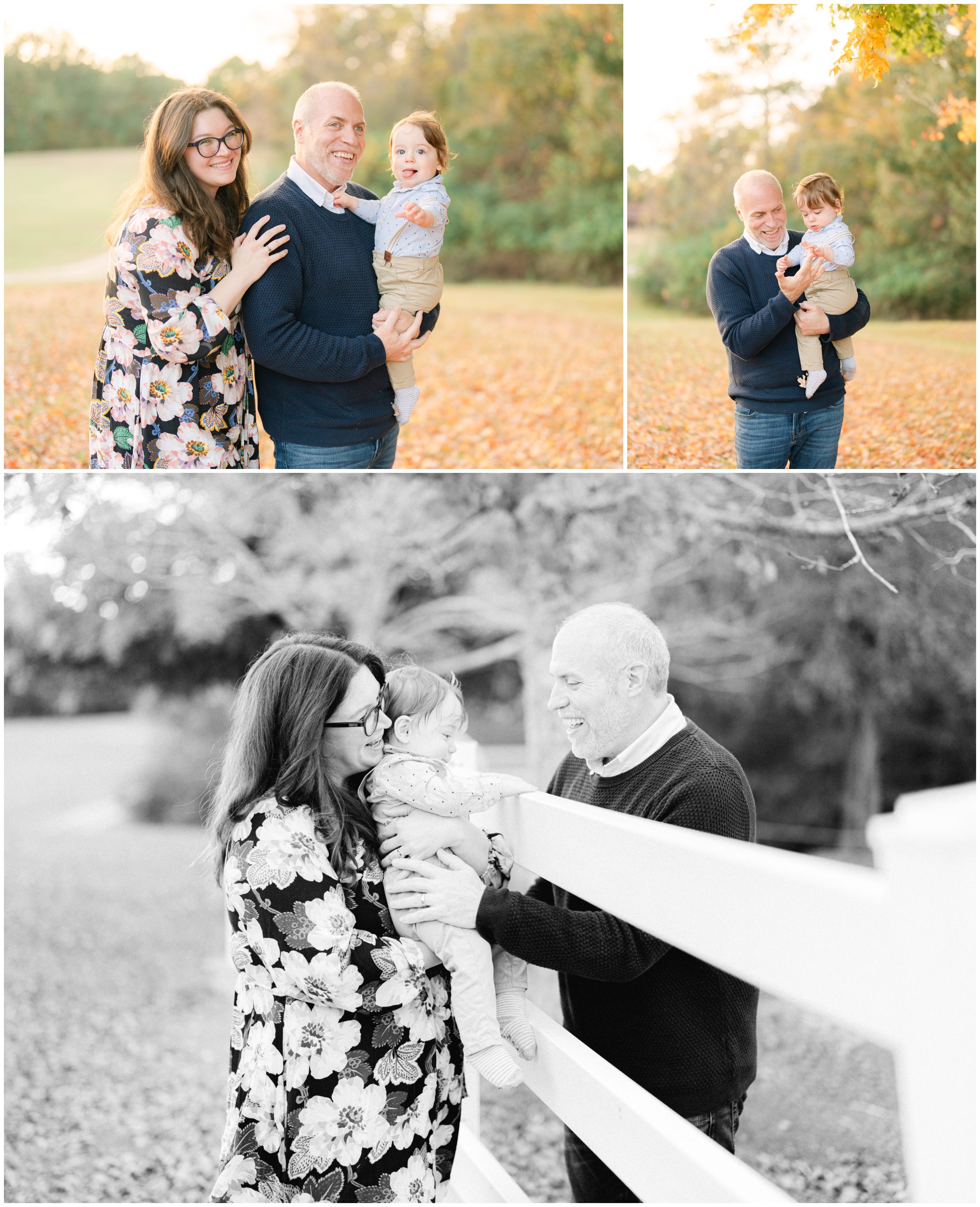 Family of three smiling together during a November portrait session in Watkinsville, Georgia