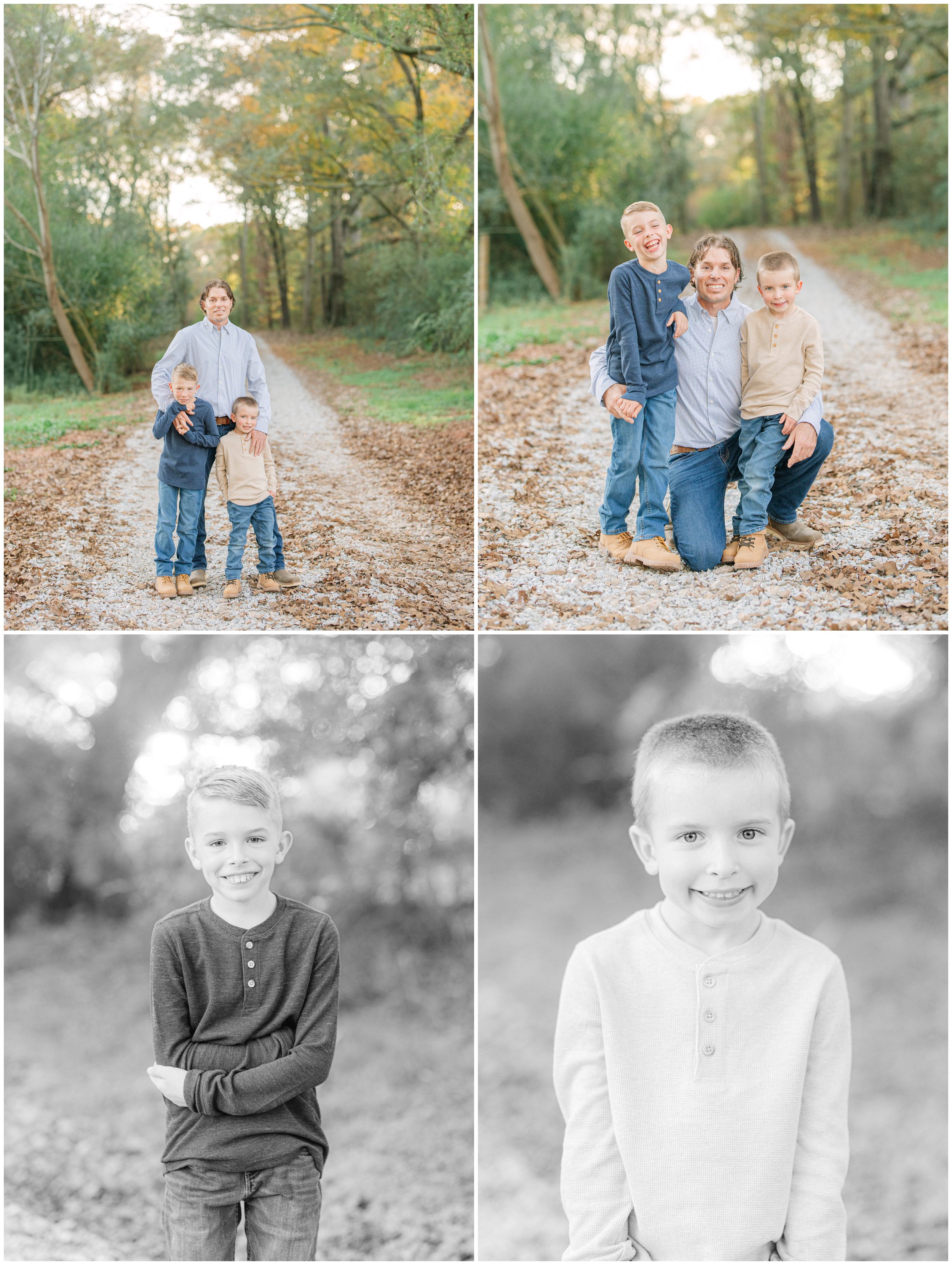 Father with his two sons on a tree-lined gravel driveway during a fall family portrait session in Oconee County, GA, with black-and-white portraits of the boys.