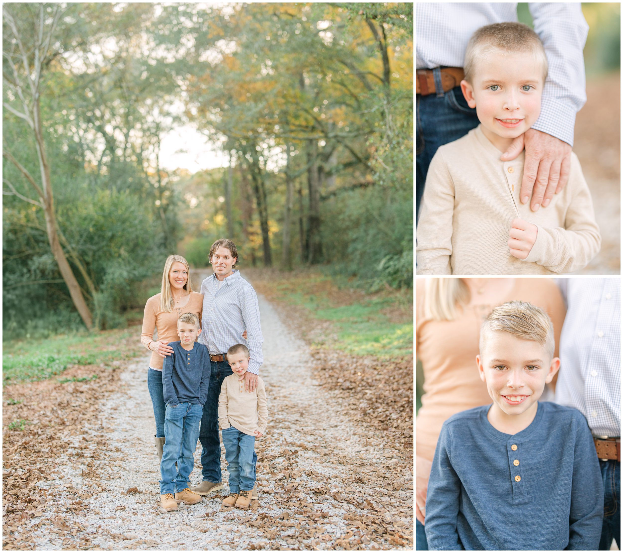 Family of four posing together on their wooded property with individual portraits of two young boys during an Oconee County fall photography session.