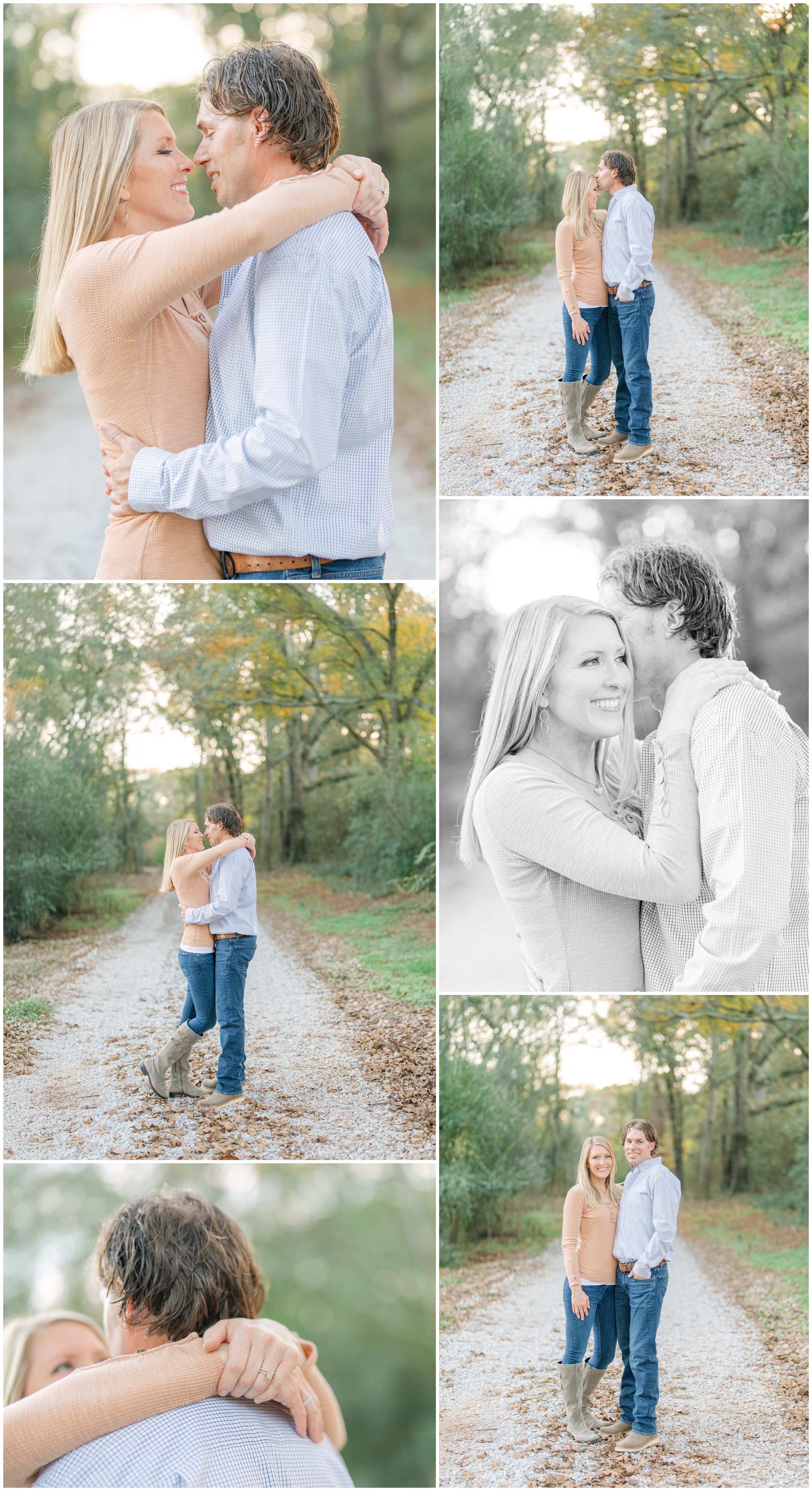 Romantic fall portraits of a married couple embracing on a wooded driveway at their Oconee County, Georgia, home.