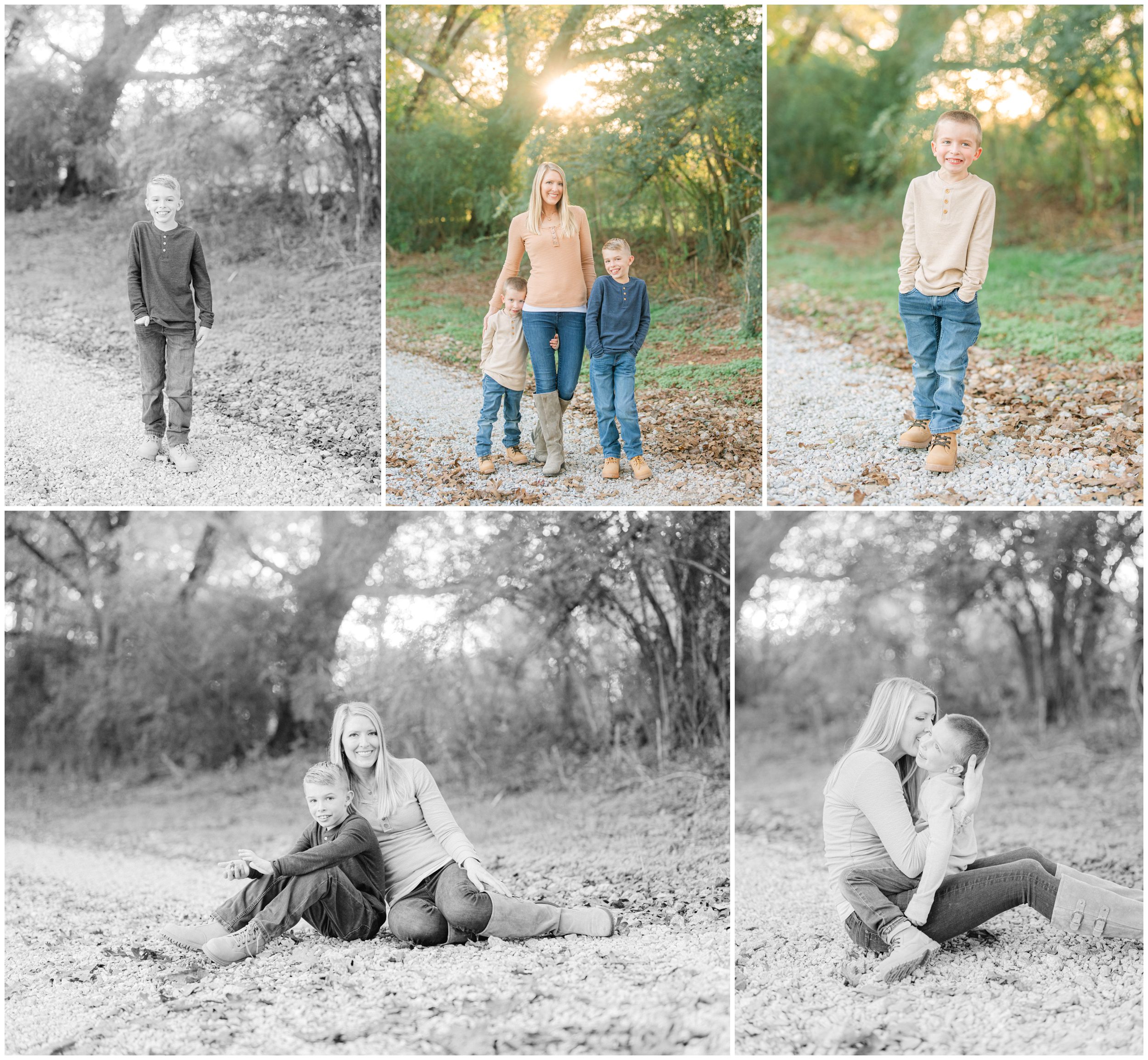 Mother and her two sons enjoying fall family portraits outdoors, with candid moments of a father playing with his boys.