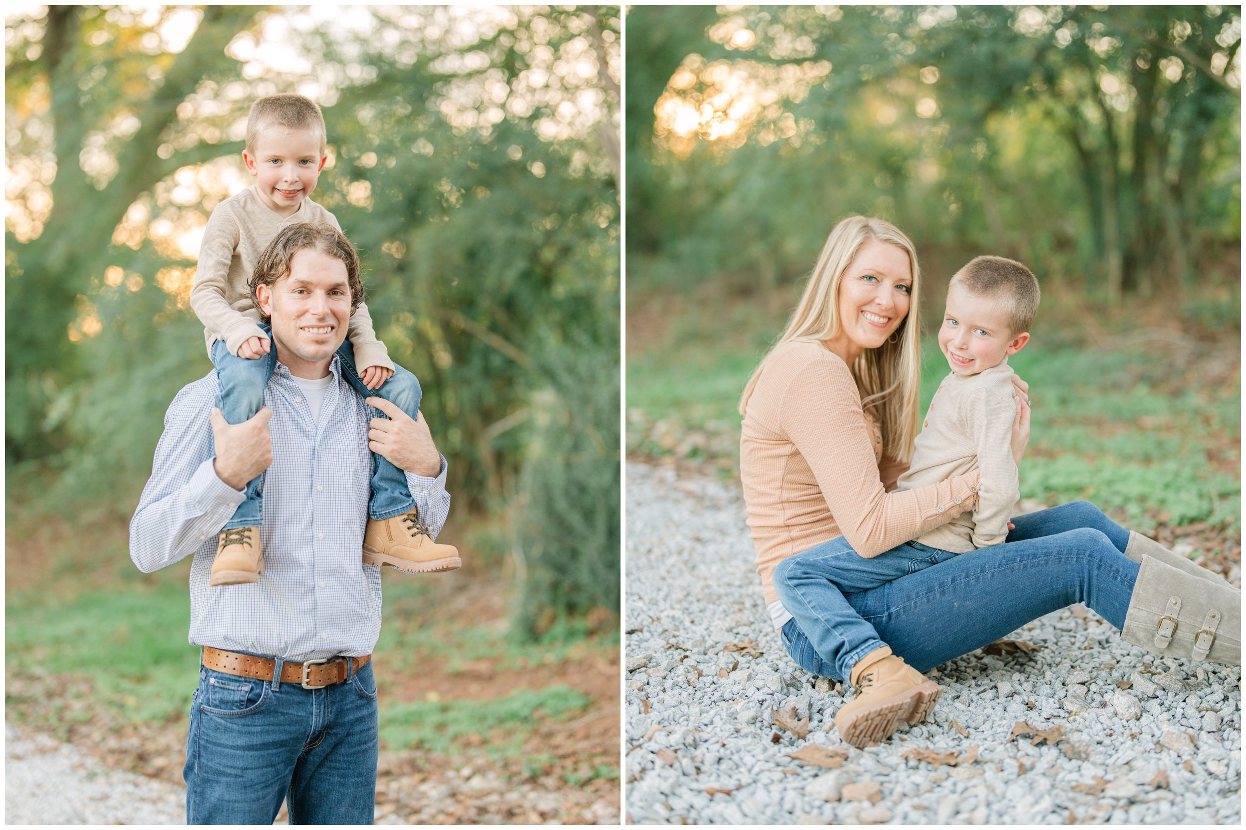 Father carrying his young son on his shoulders and mother cuddling her younger son during outdoor family portraits in Georgia.