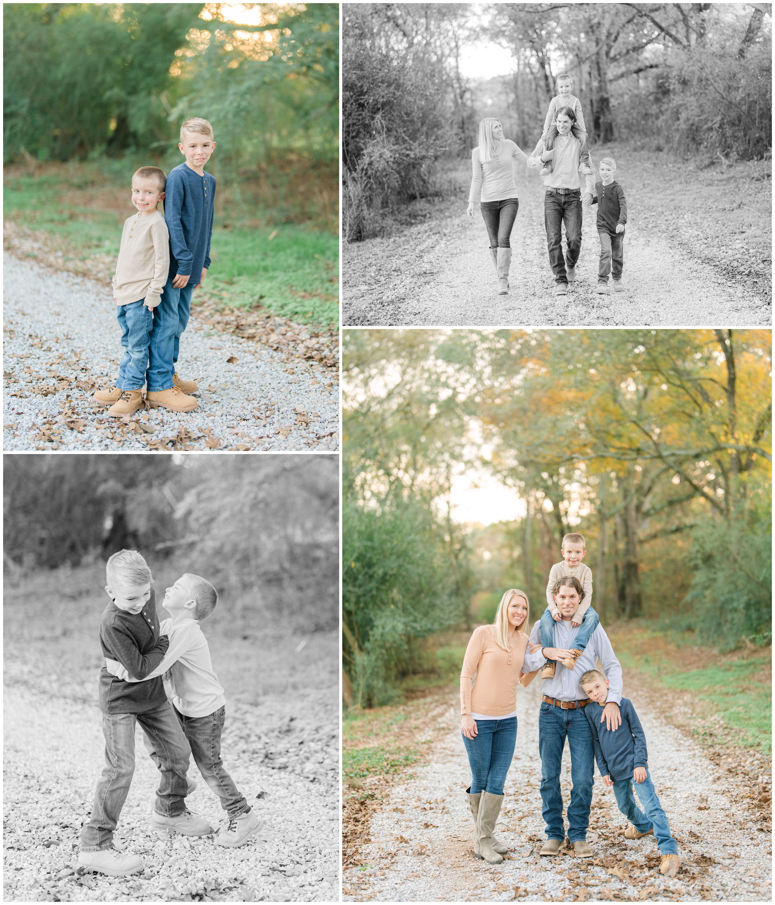 Brothers laughing and playing together, with a family portrait on a tree-lined driveway during an Oconee County family photographer session.