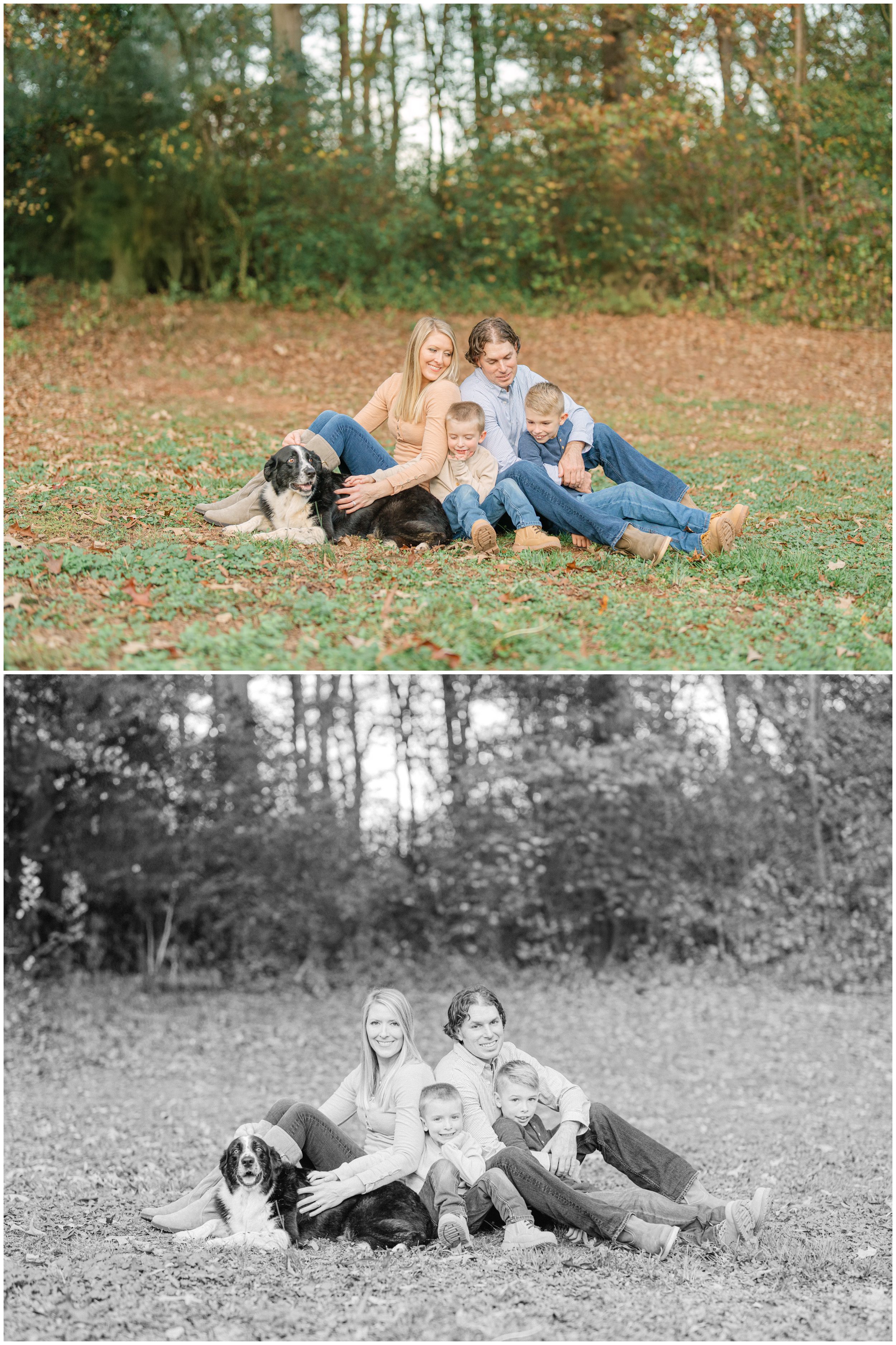 Family of four relaxing with their beloved dog on their Oconee County property during a fall family portrait session, photographed in color and black and white.