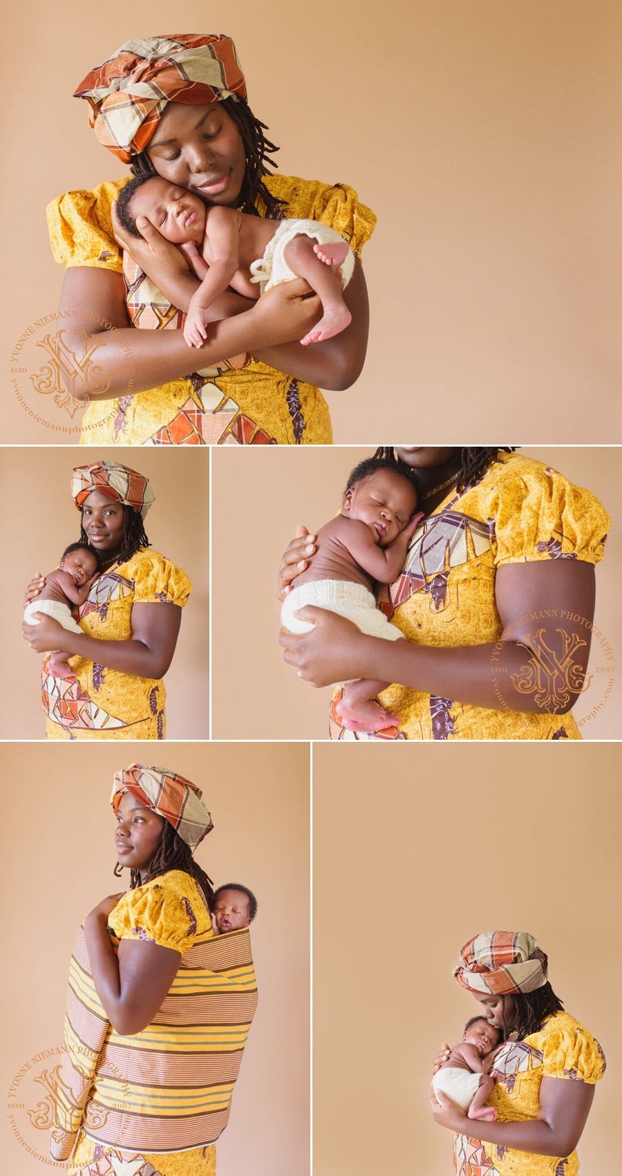 Portraits of mother with her newborn honoring family traditions wearing African garments.